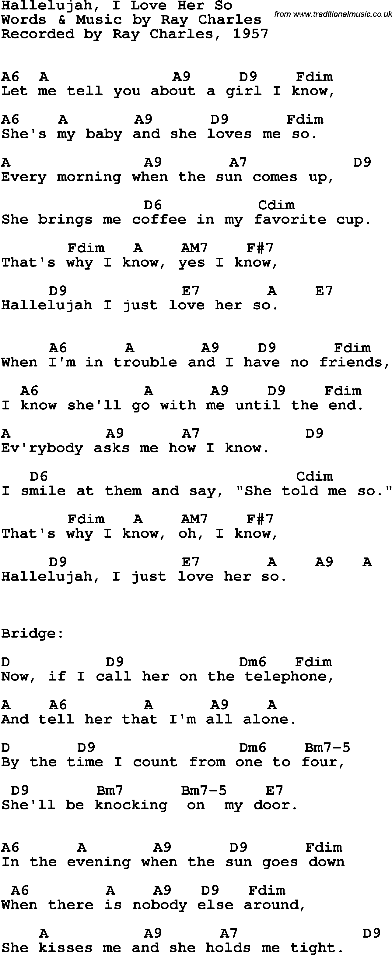 Song Lyrics with guitar chords for Hallelujah, I Love Her So - Ray Charles, 1959