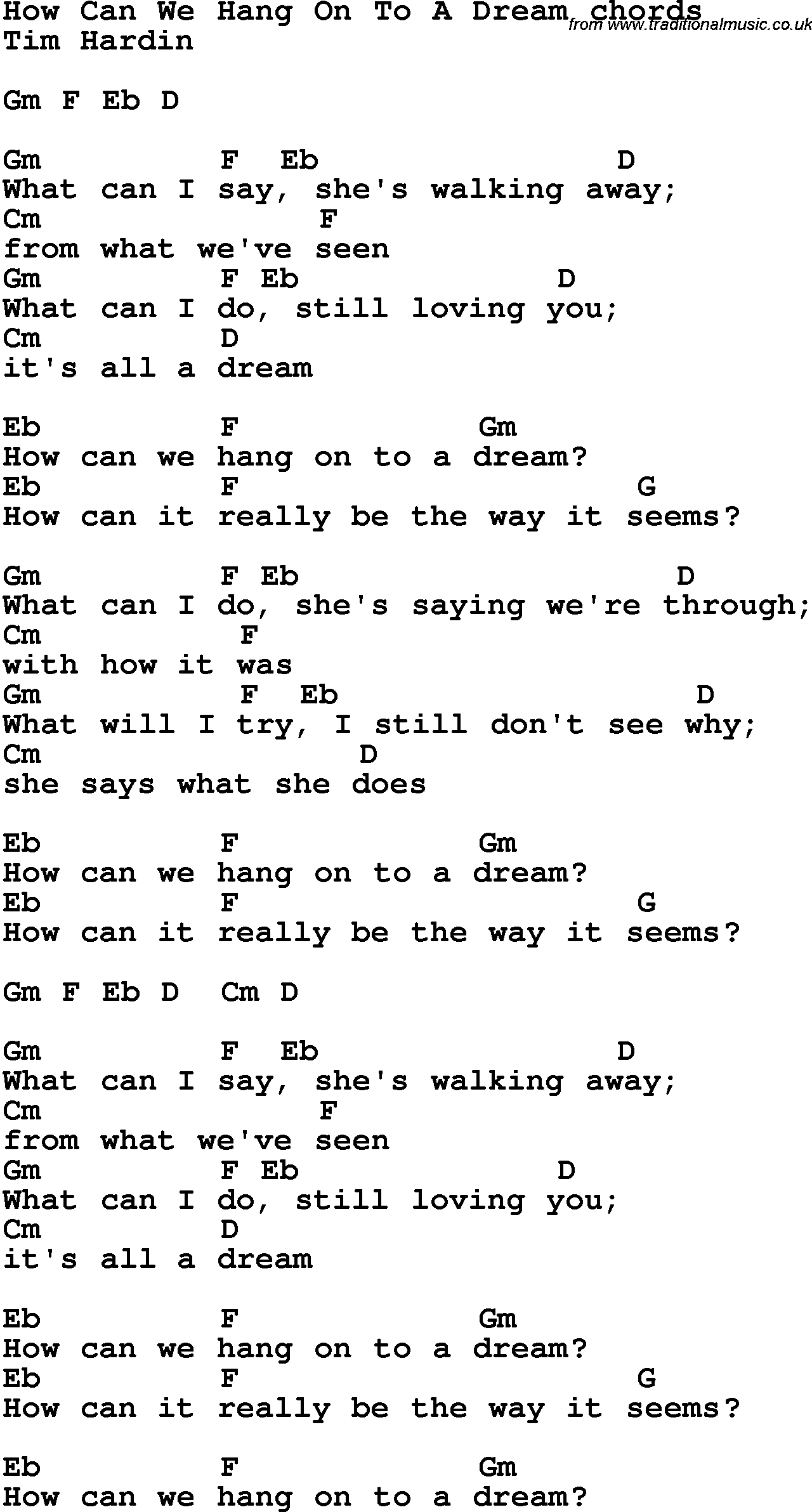Song Lyrics with guitar chords for Hang On To A Dream