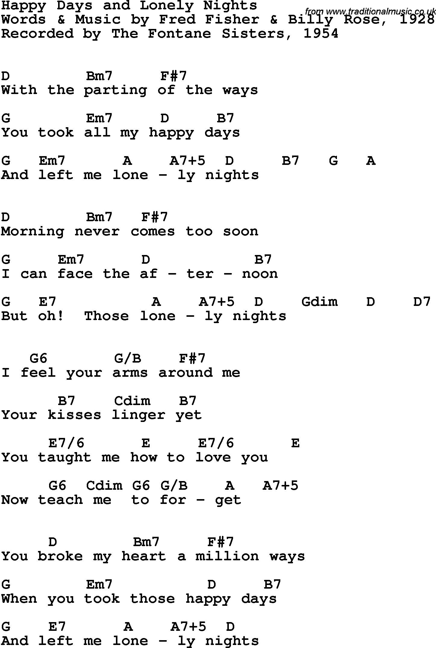 Song Lyrics with guitar chords for Happy Days And Lonely Nights - Fontane Sisters, The, 1954