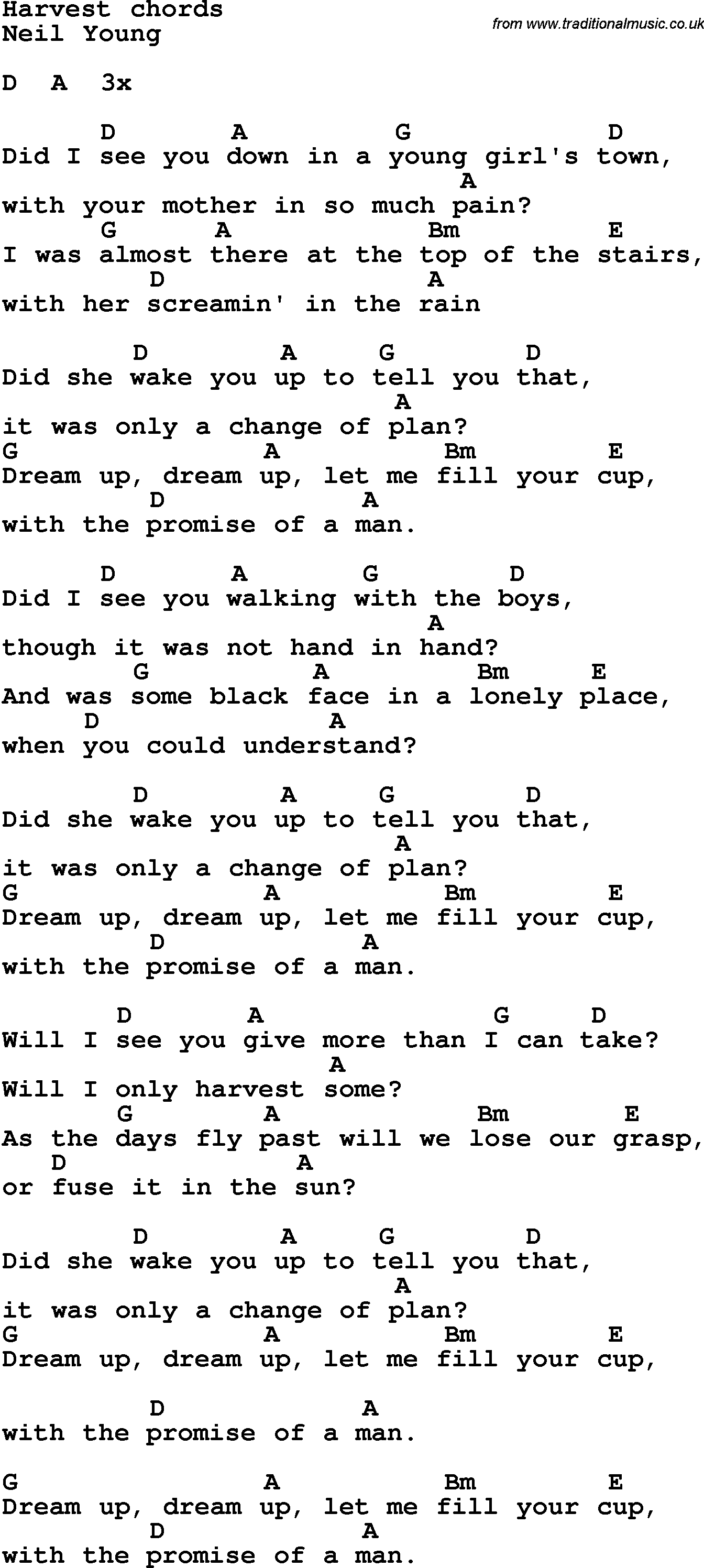 Song Lyrics with guitar chords for Harvest
