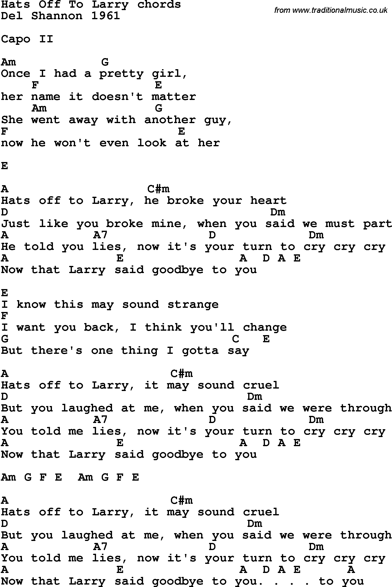 Song Lyrics with guitar chords for Hats Off To Larry