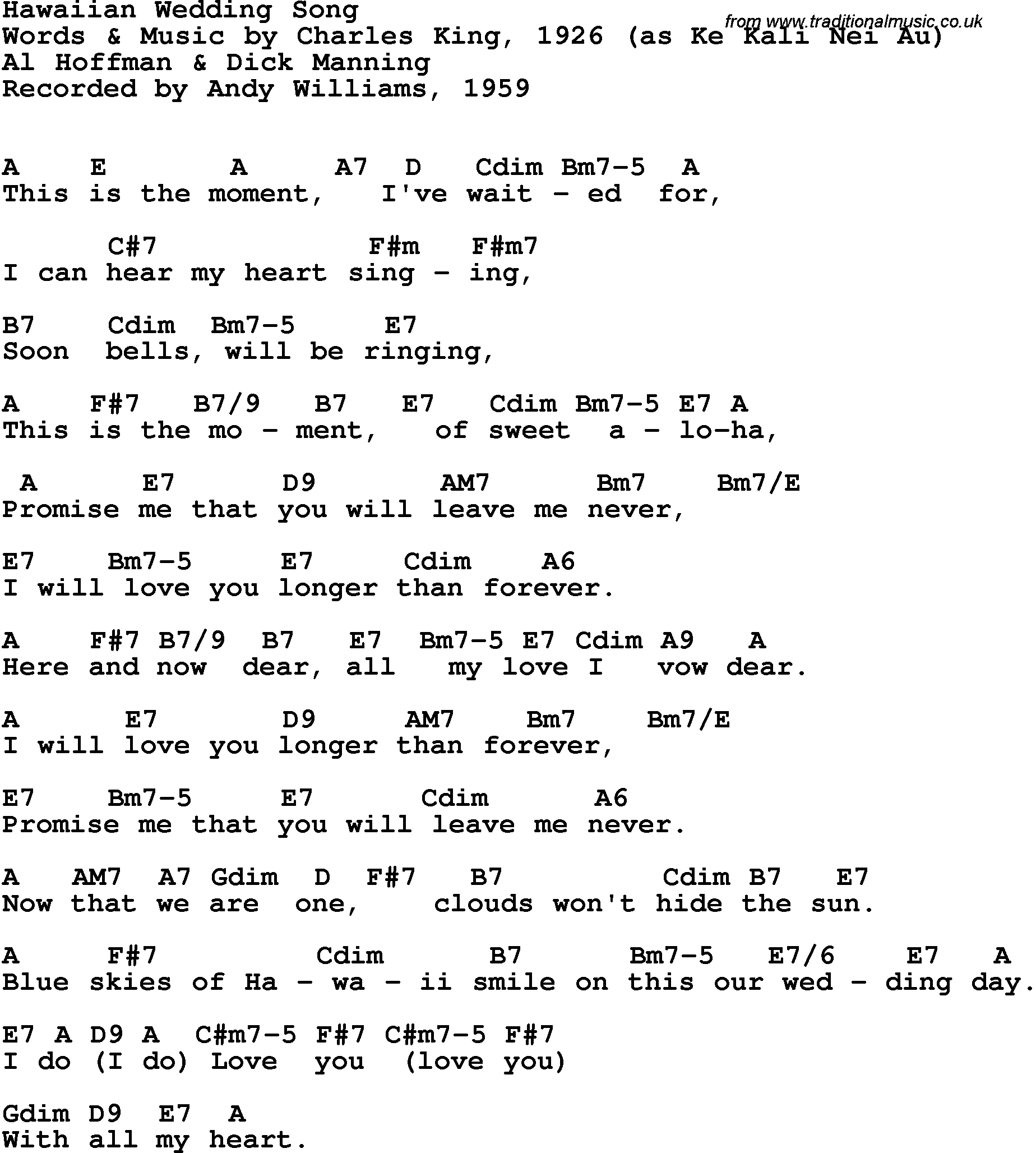 Song Lyrics with guitar chords for Hawaiian Wedding Song - Andy Williams, 1959