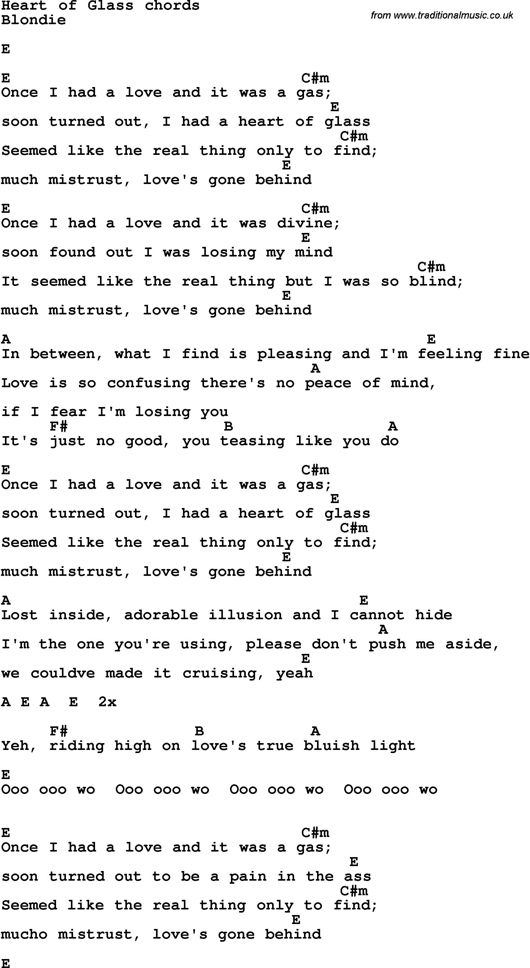 Song Lyrics with guitar chords for Heart Of Glass