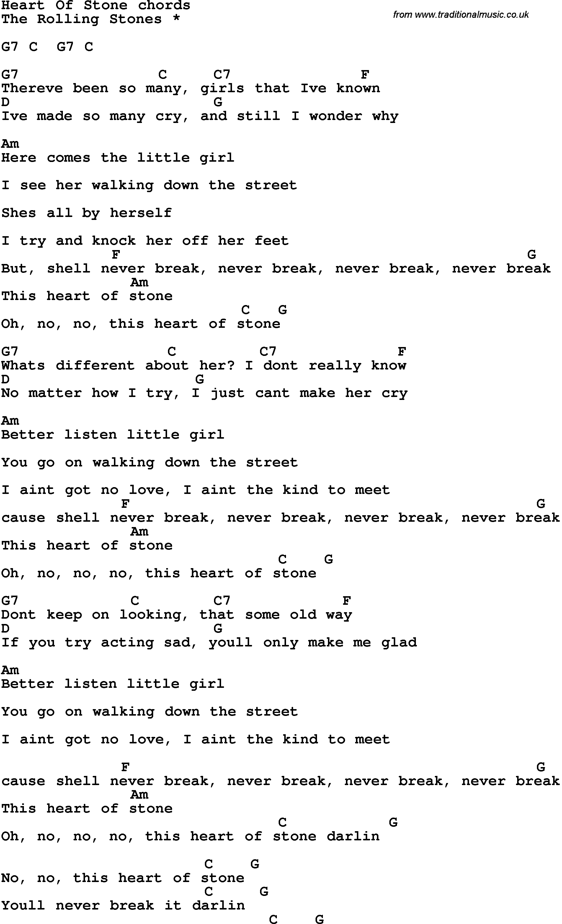 Song Lyrics with guitar chords for Heart Of Stone