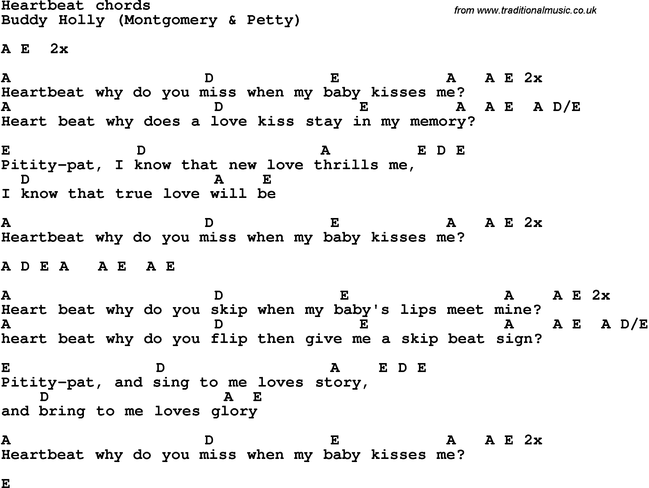 Song Lyrics with guitar chords for Heartbeat