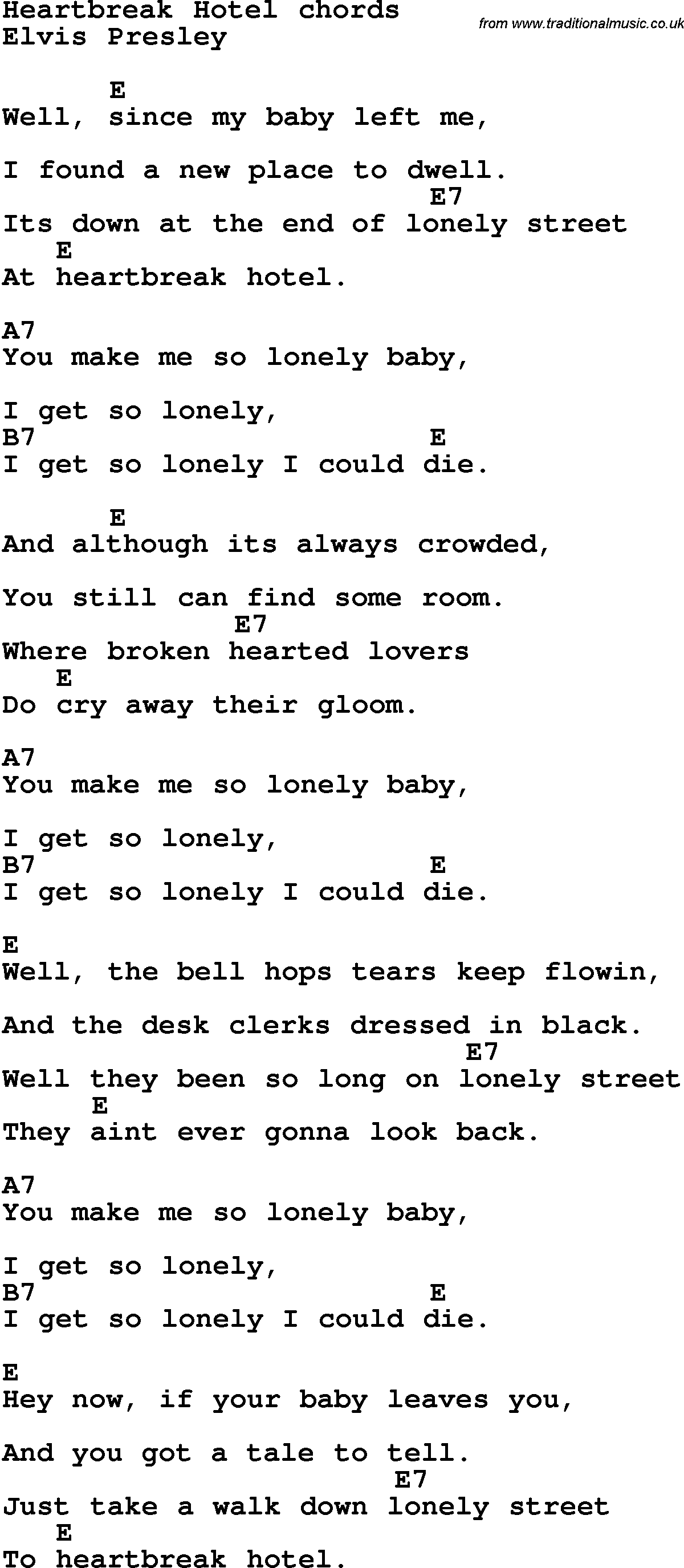 Song Lyrics with guitar chords for Heartbreak Hotel