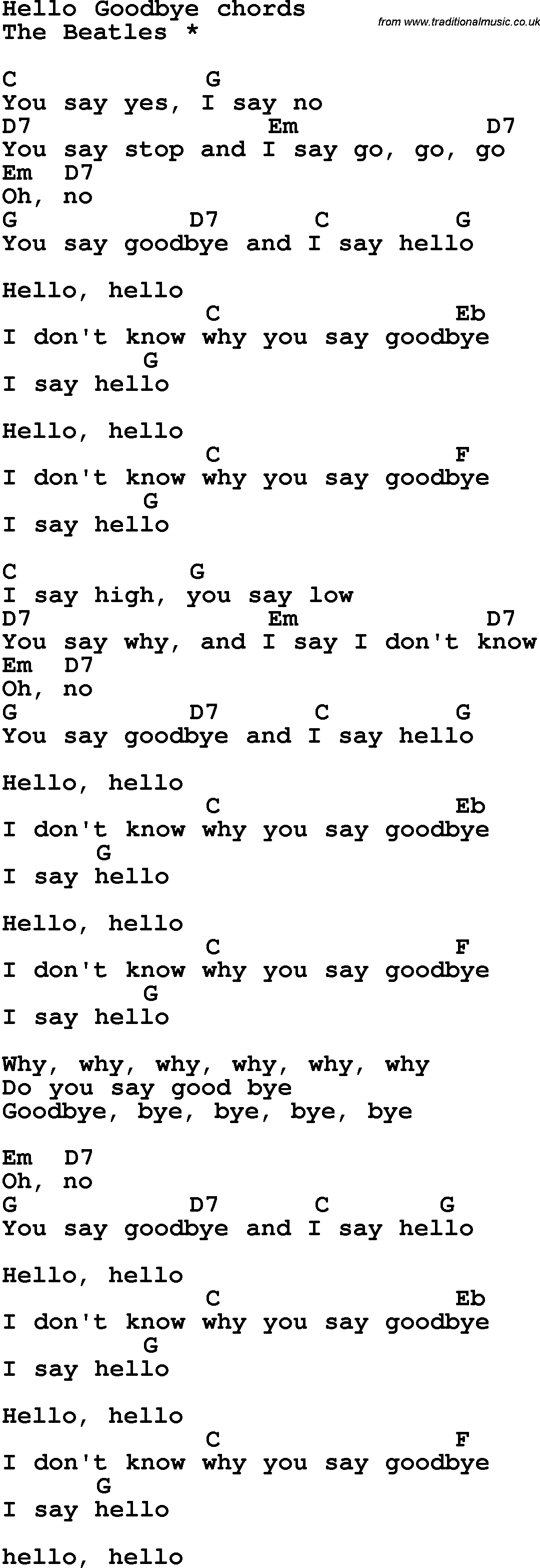 Song Lyrics with guitar chords for Hello Goodbye - The Beatles