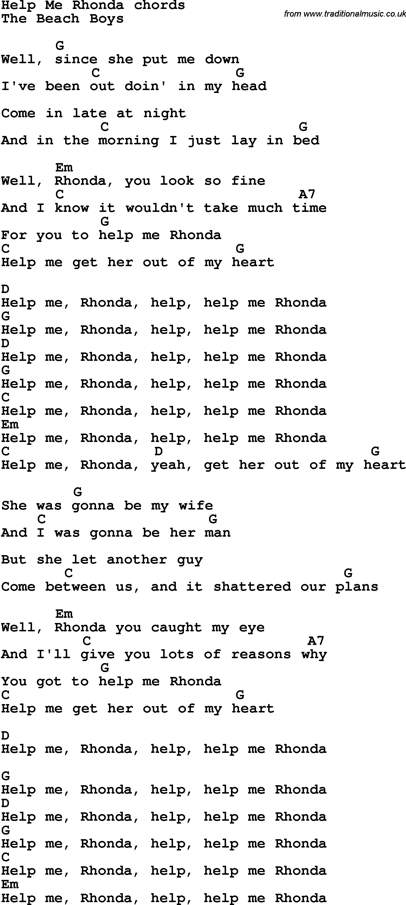Song Lyrics with guitar chords for Help Me Rhonda
