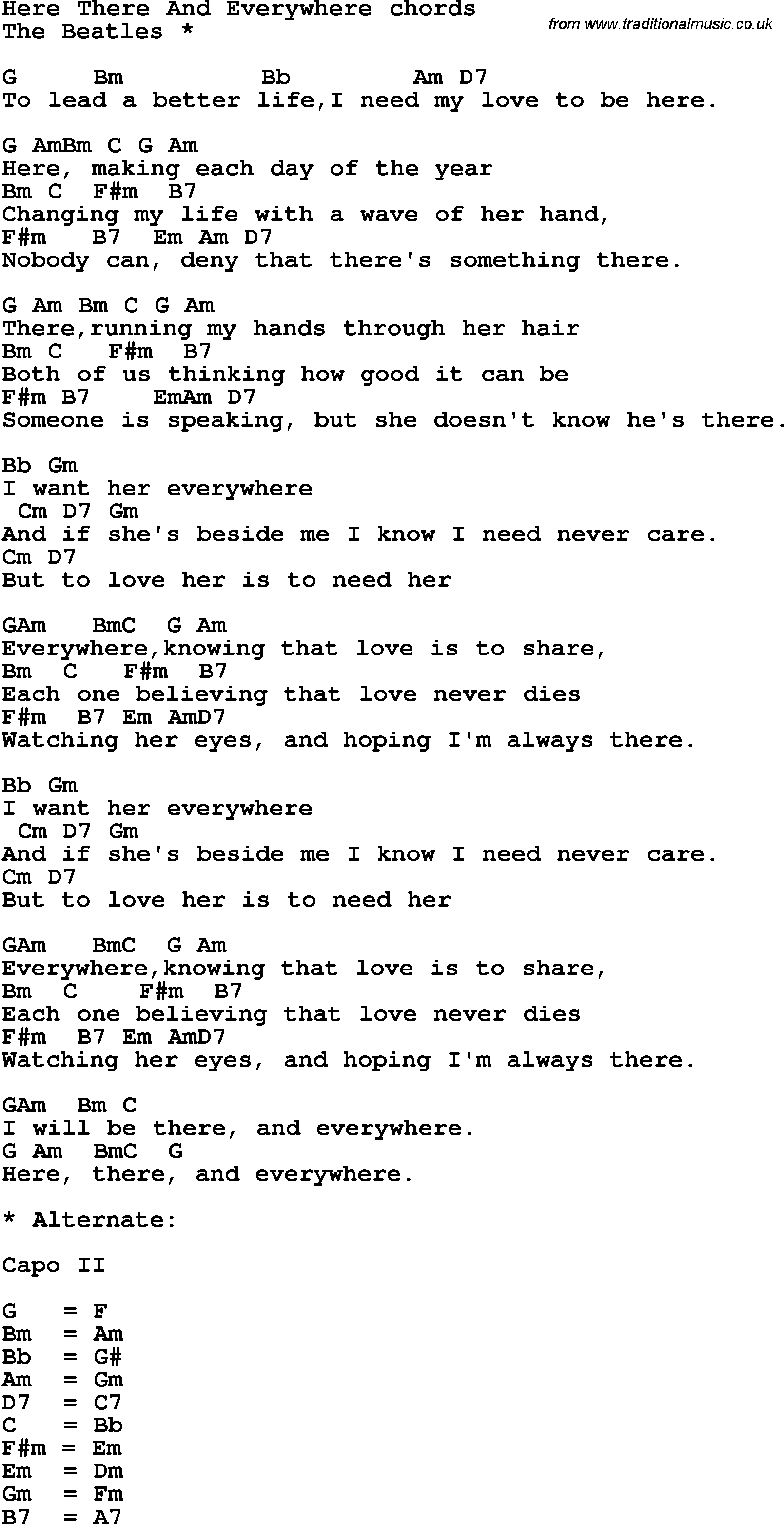 Song Lyrics with guitar chords for Here There And Everywhere