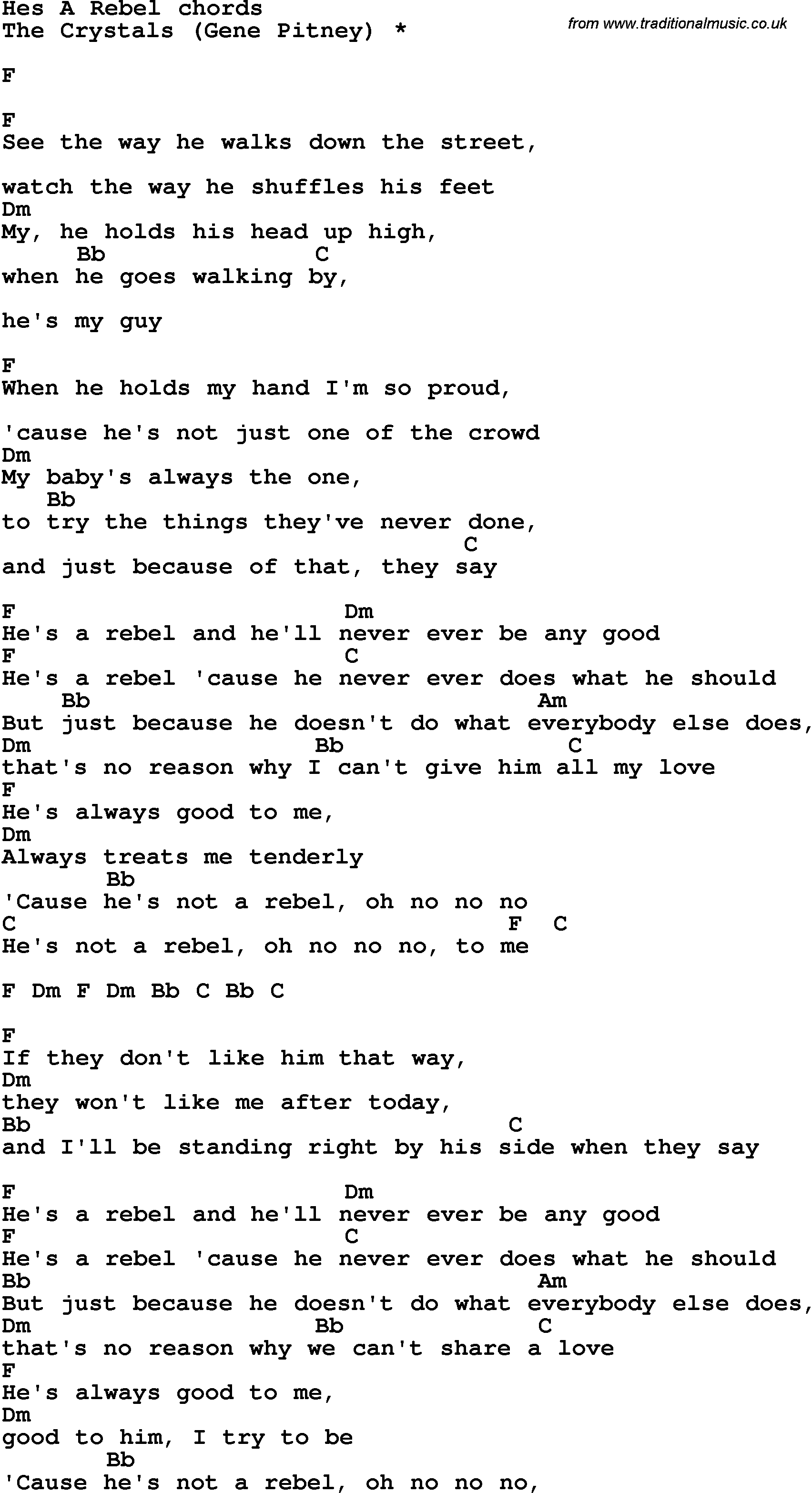 Song Lyrics with guitar chords for He's A Rebel