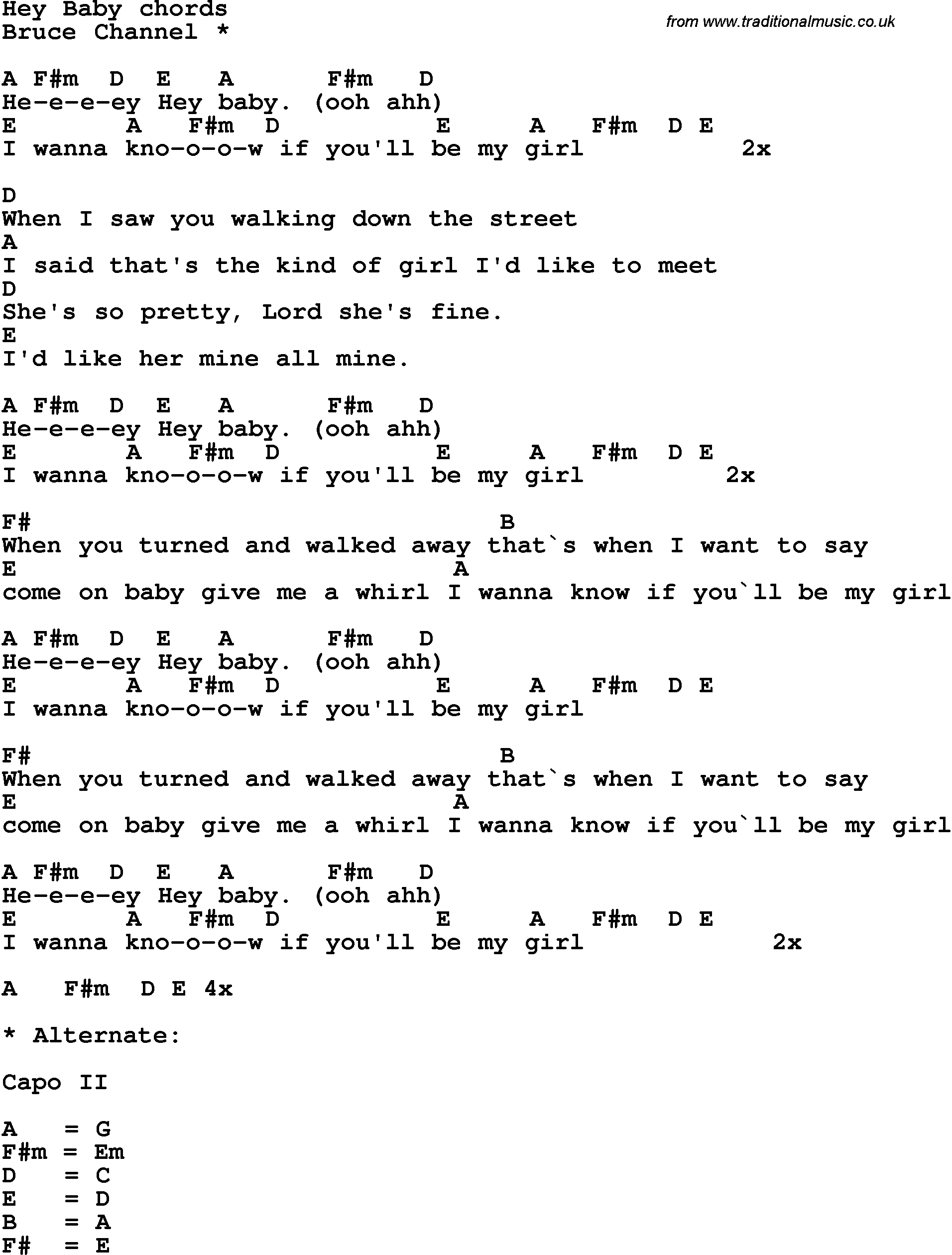 Song Lyrics with guitar chords for Hey Baby