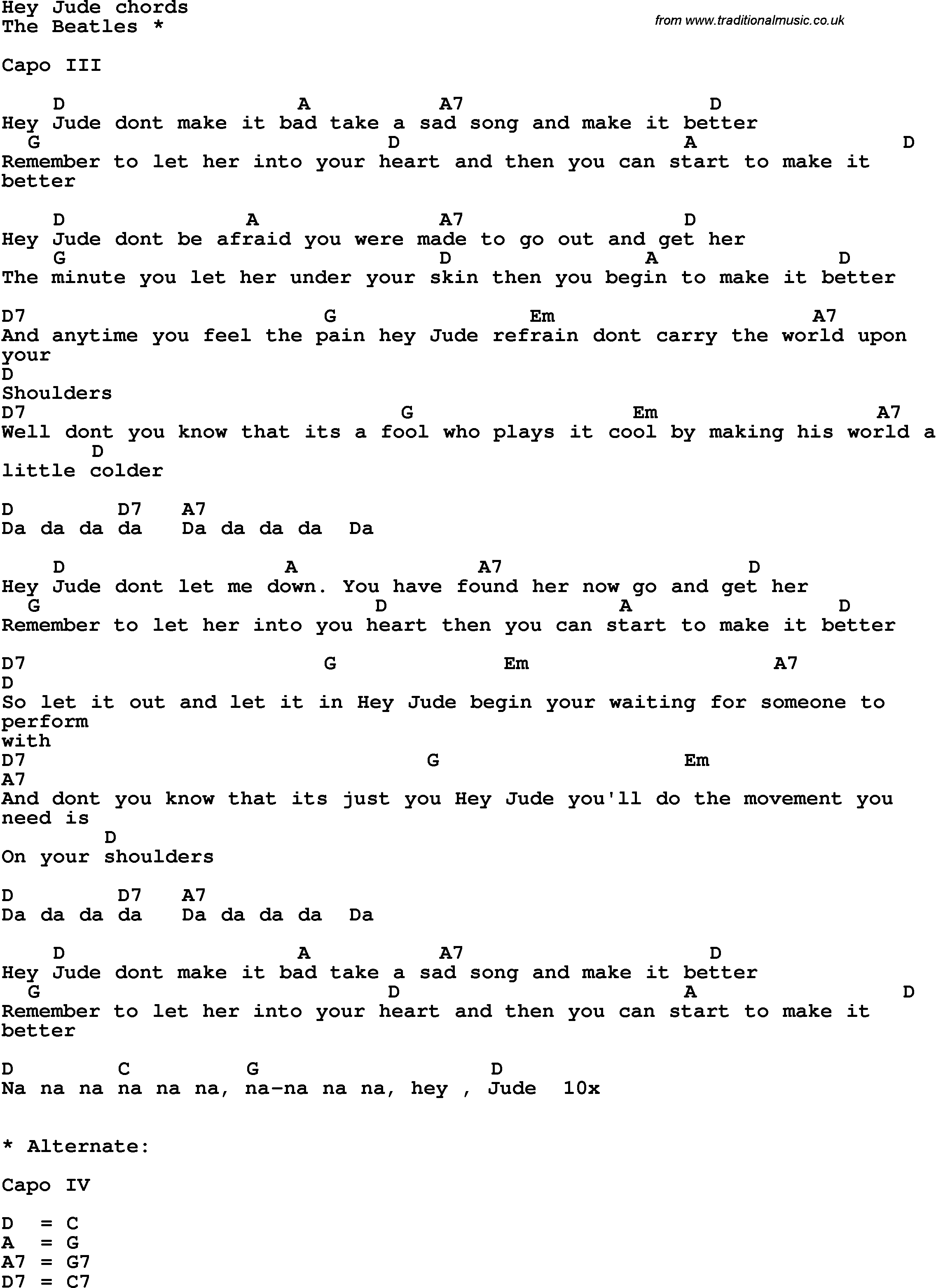 Song Lyrics with guitar chords for Hey Jude - The Beatles