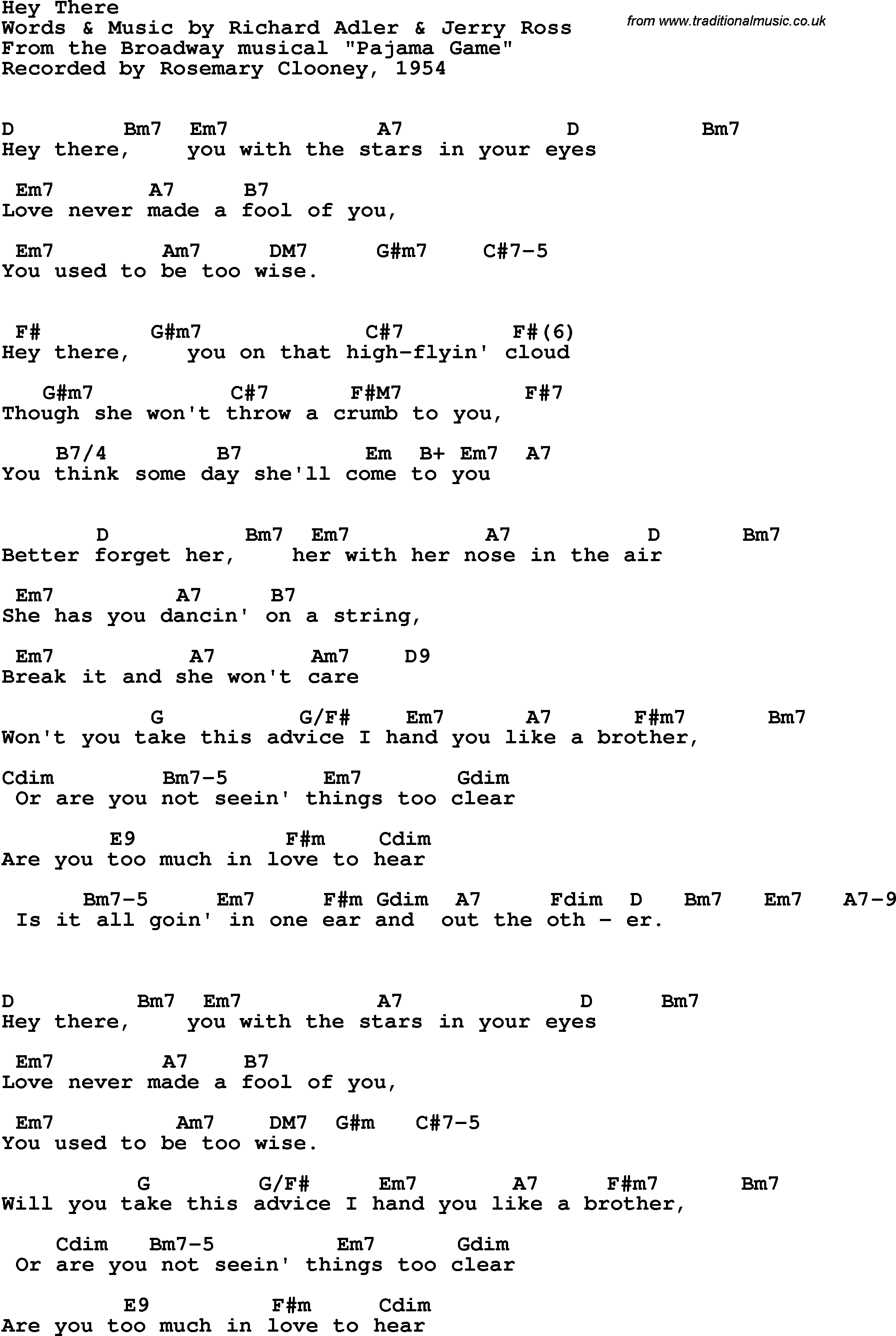 Song Lyrics with guitar chords for Hey There - Rosemary Clooney, 1954