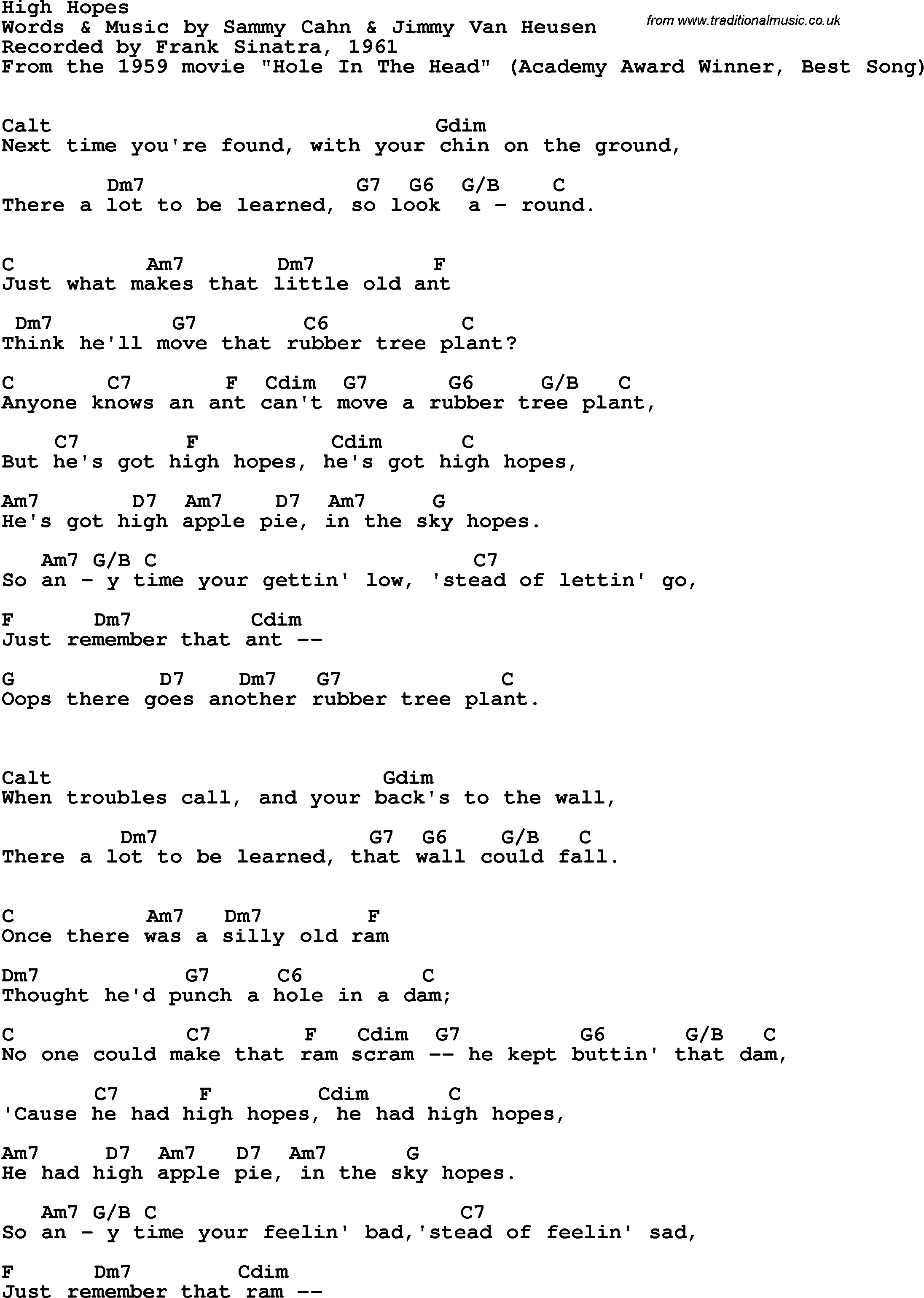 Song Lyrics with guitar chords for High Hopes - Frank Sinatra, 1961