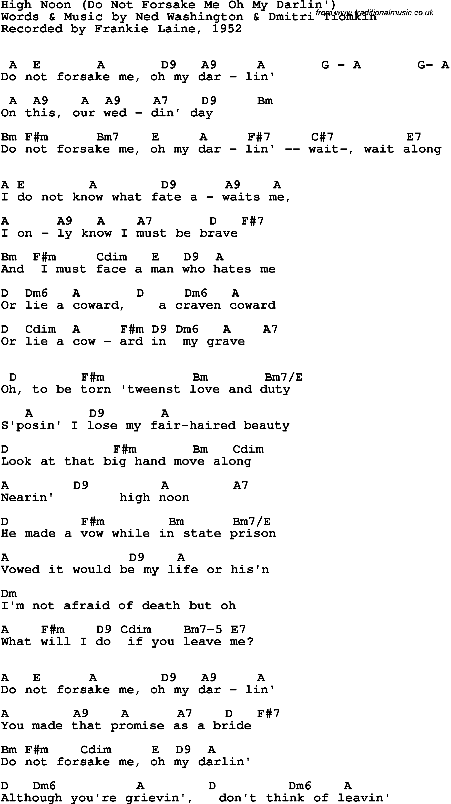 Song Lyrics with guitar chords for High Noon - Frankie Laine, 1952