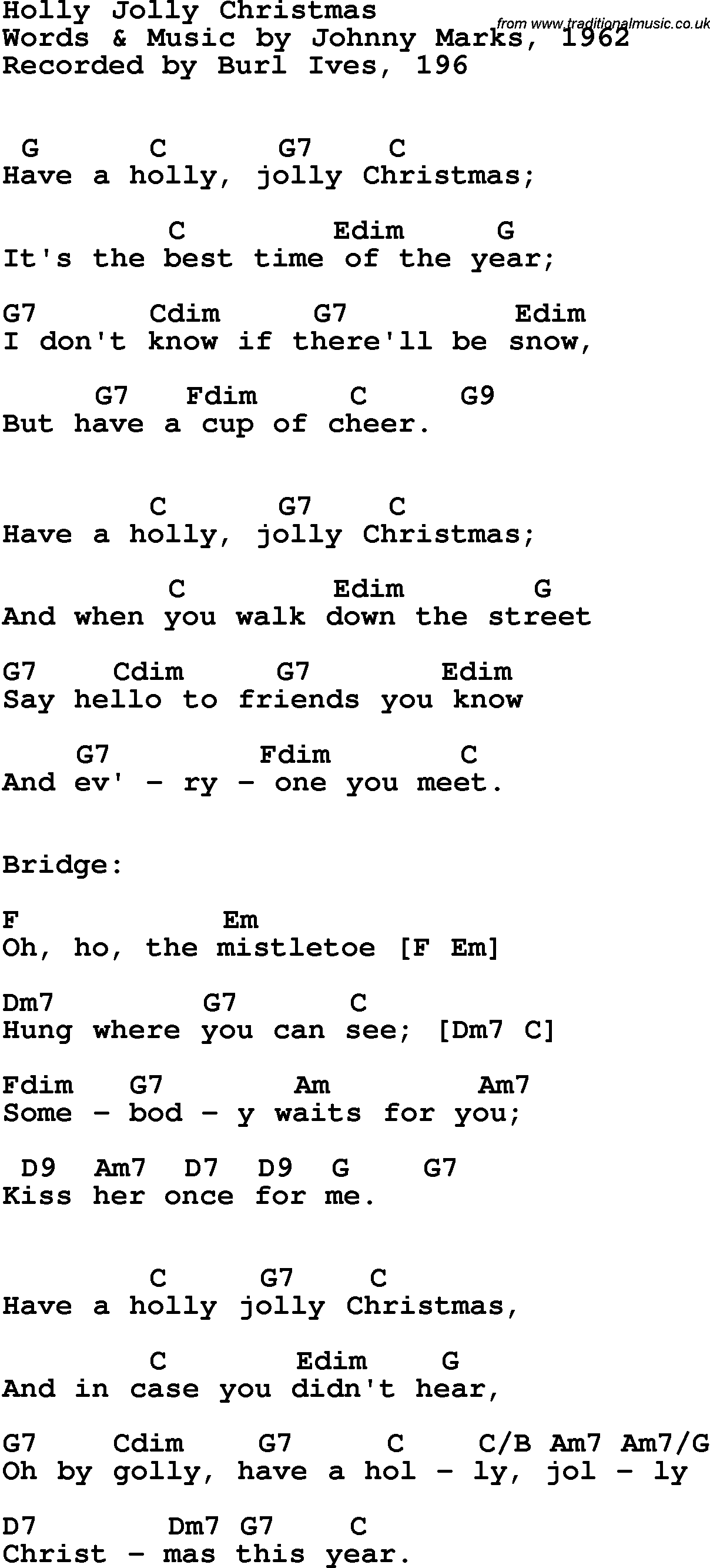 Song Lyrics with guitar chords for Holly Jolly Christmas - Burl Ives, 1965