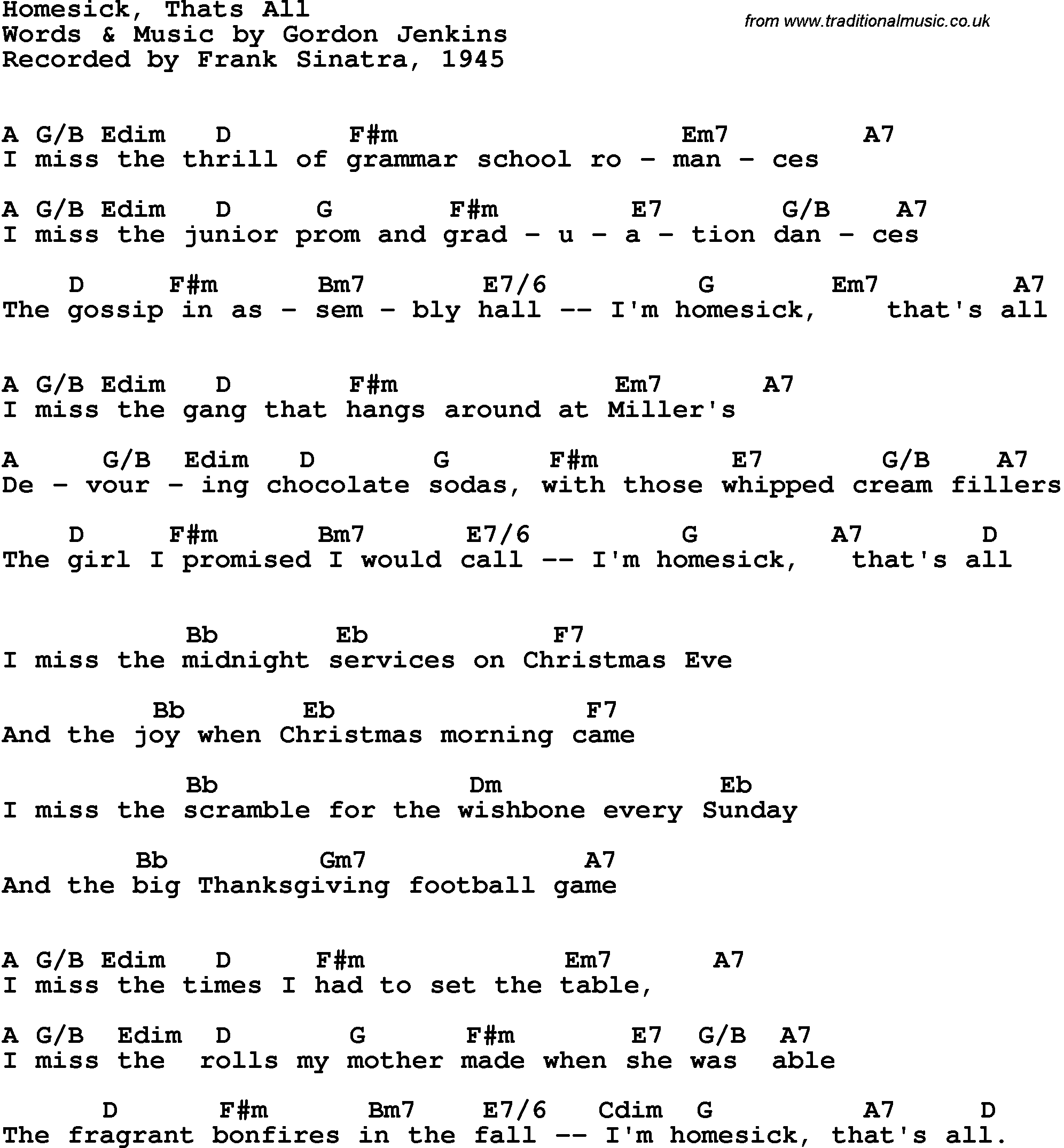 Song Lyrics with guitar chords for Homesick That's All - Frank Sinatra, 1945