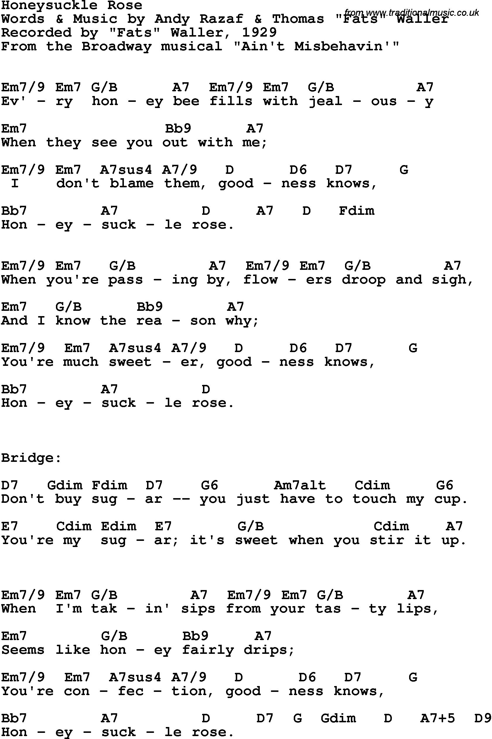 Song Lyrics with guitar chords for Honeysuckle Rose - Fats Waller, 1929