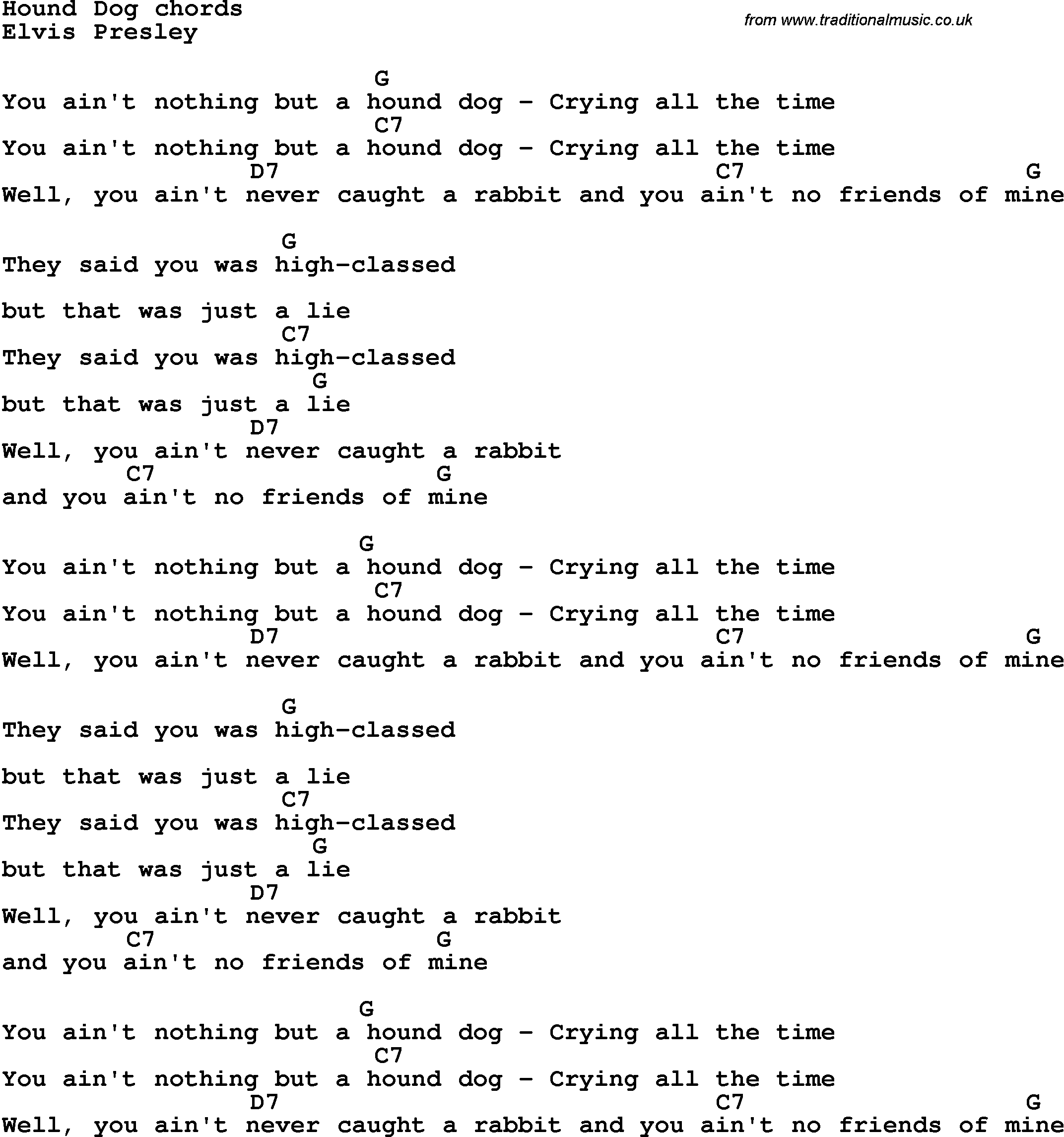 Song Lyrics with guitar chords for Hound Dog