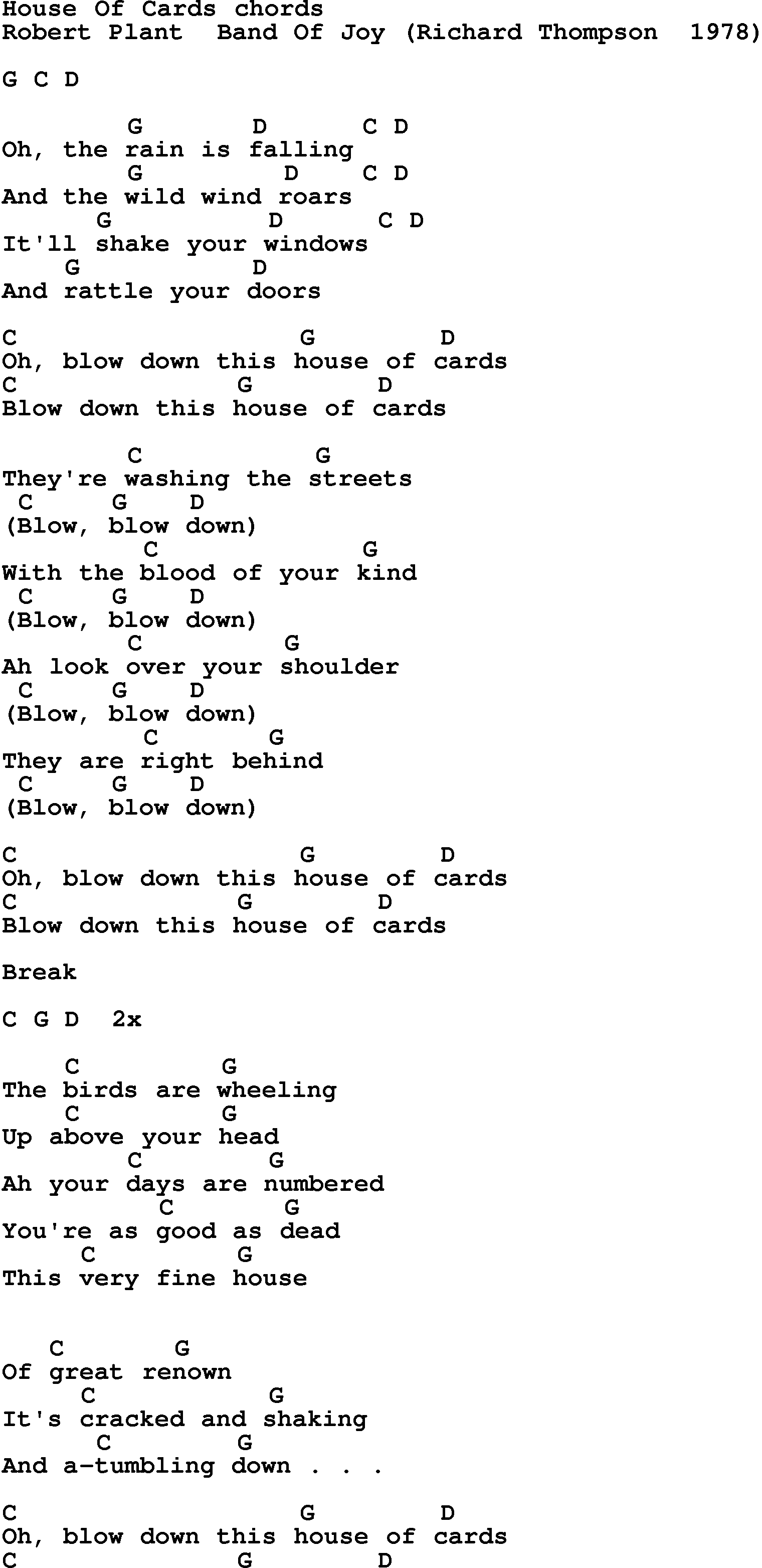 Song Lyrics with guitar chords for House Of Cards