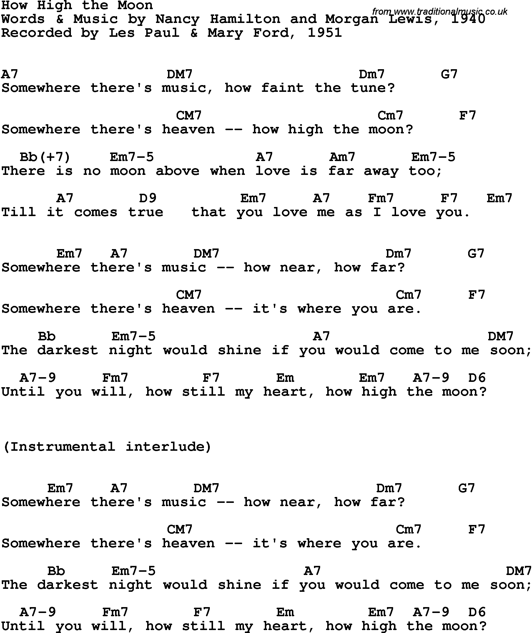 Song Lyrics with guitar chords for How High The Moon - Les Paul & Mary Ford, 1951