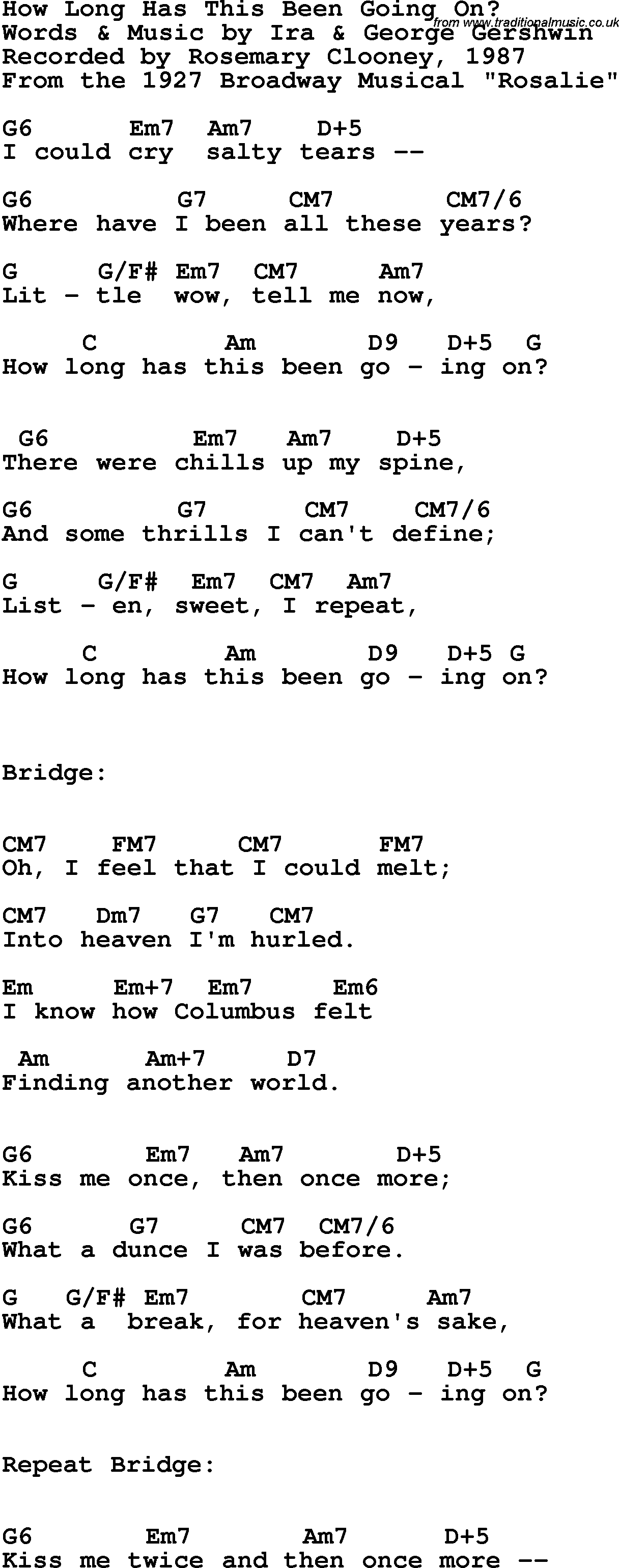 Song Lyrics with guitar chords for How Long Has This Been Going On - Rosemary Clooney, 1987