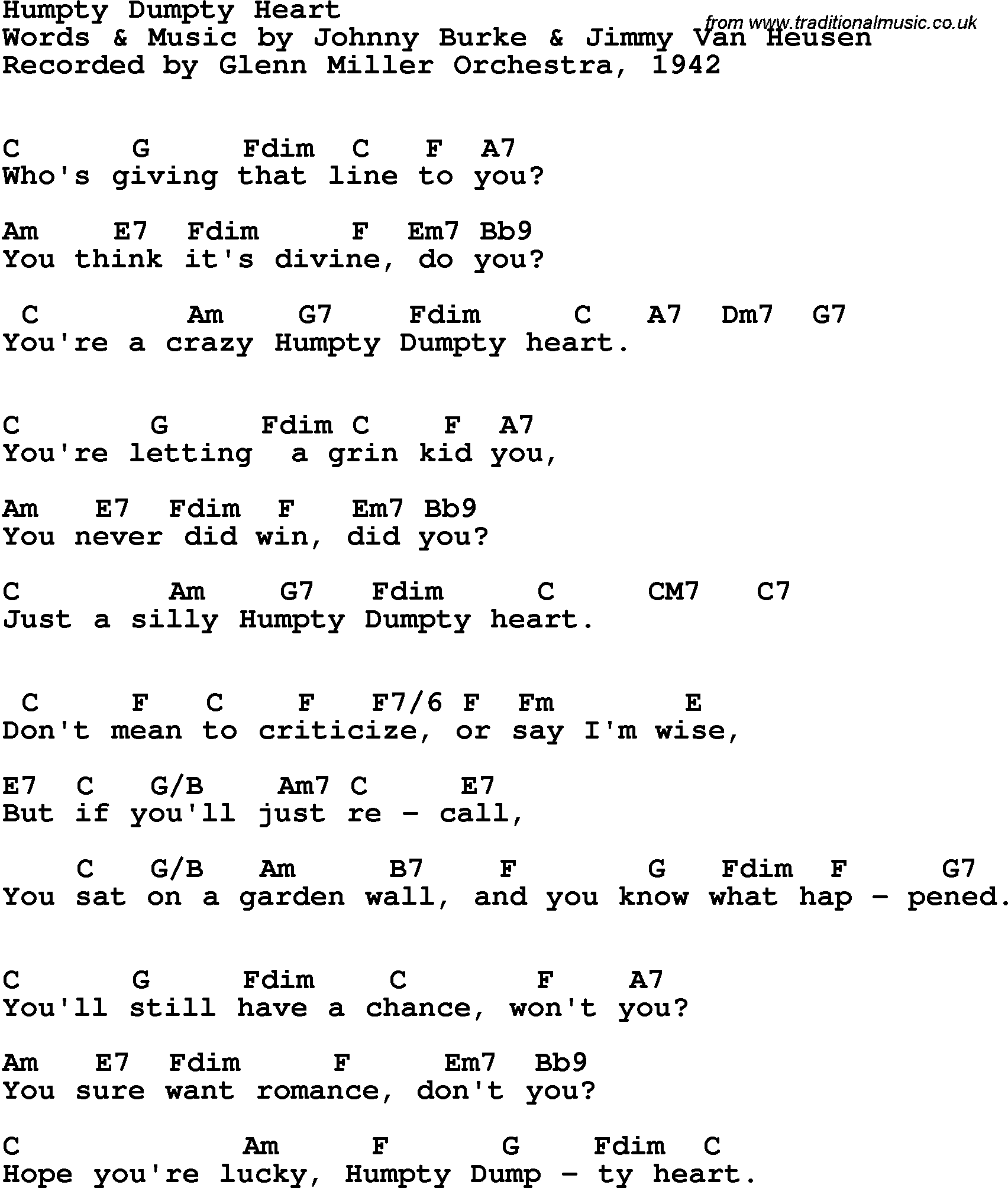 Song Lyrics with guitar chords for Humpty Dumpty Heart - Glenn Miller, 1942