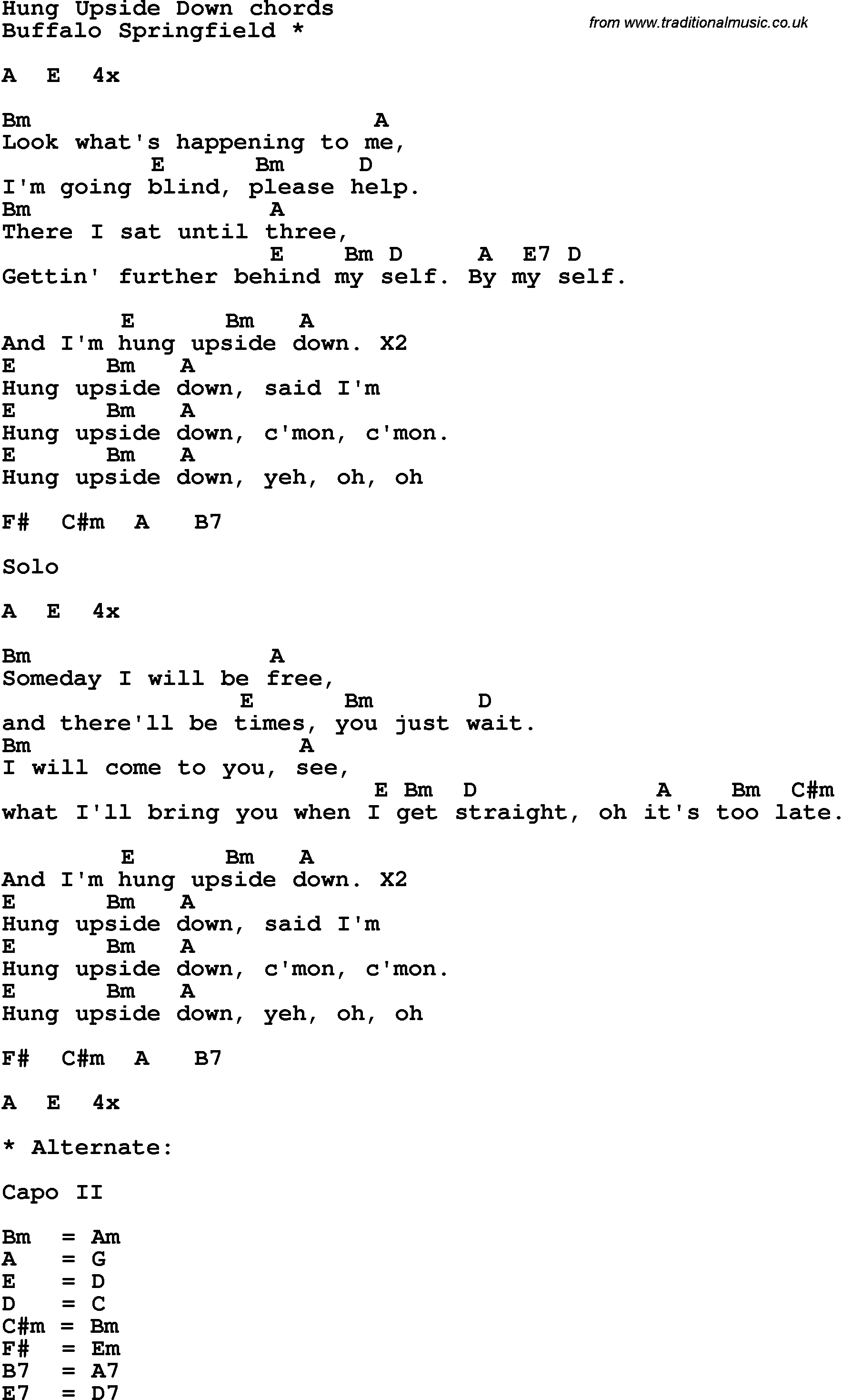 Song Lyrics with guitar chords for Hung Upside Down