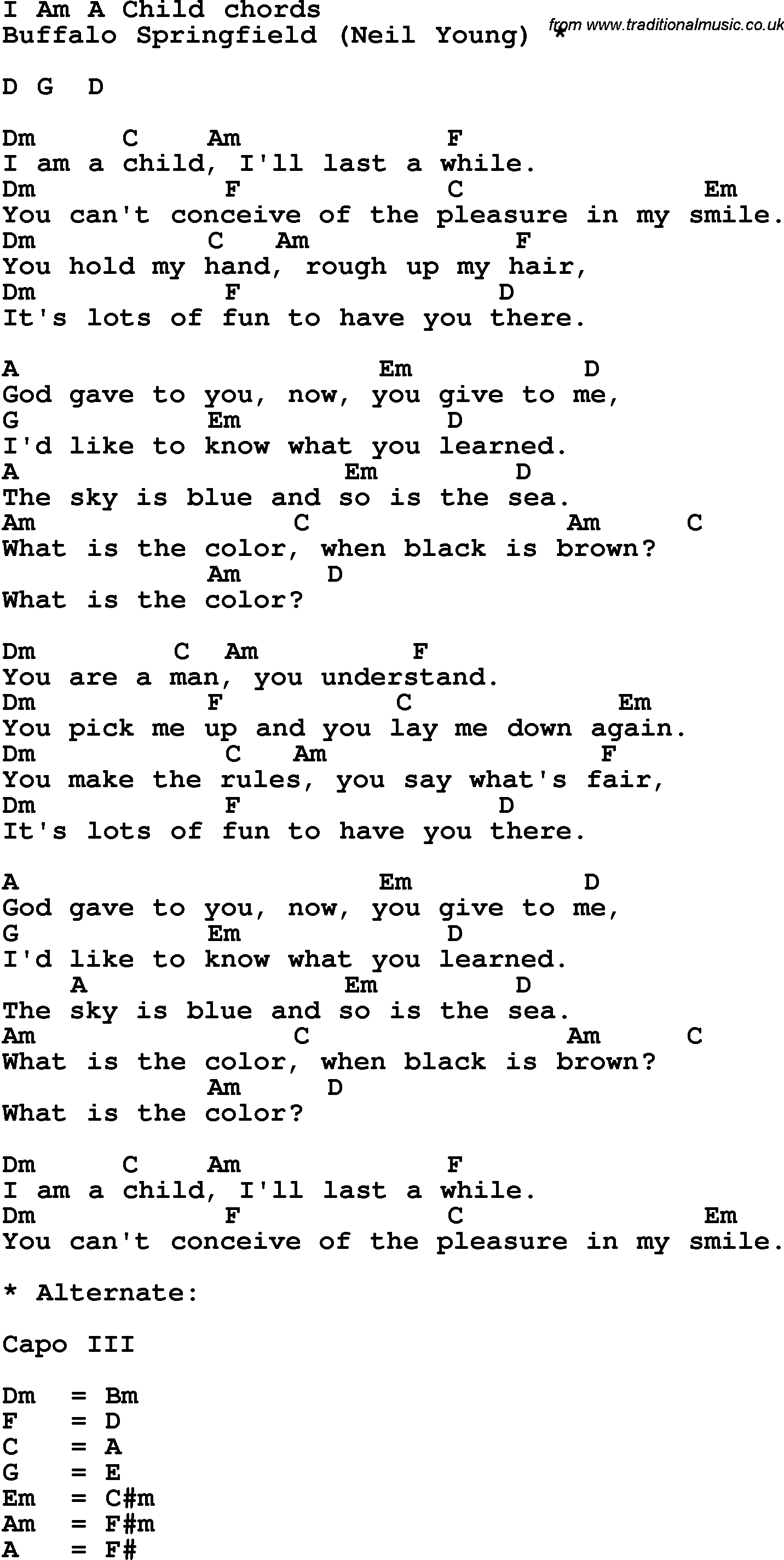 Song Lyrics with guitar chords for I Am A Child