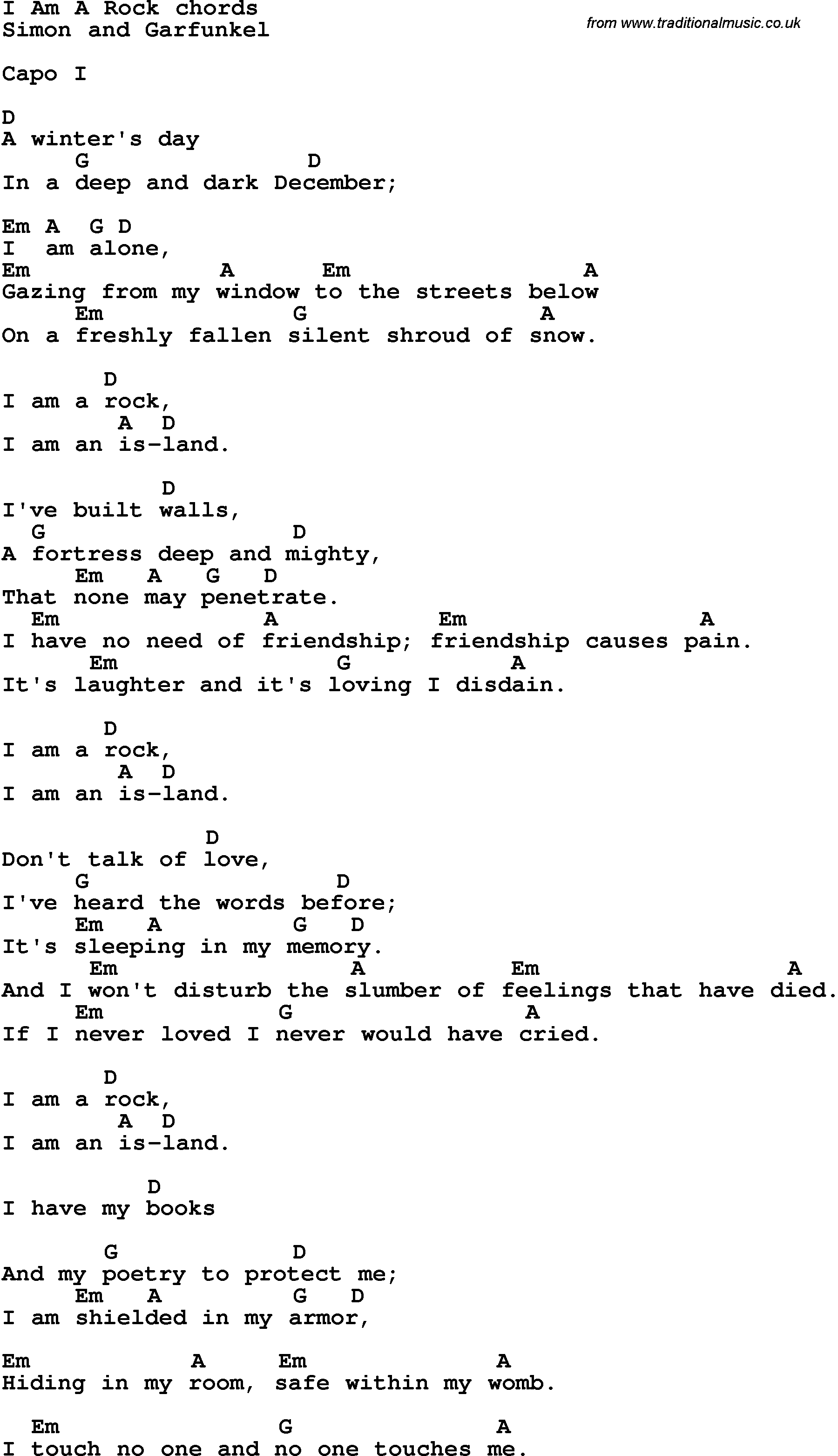 Song Lyrics with guitar chords for I Am A Rock