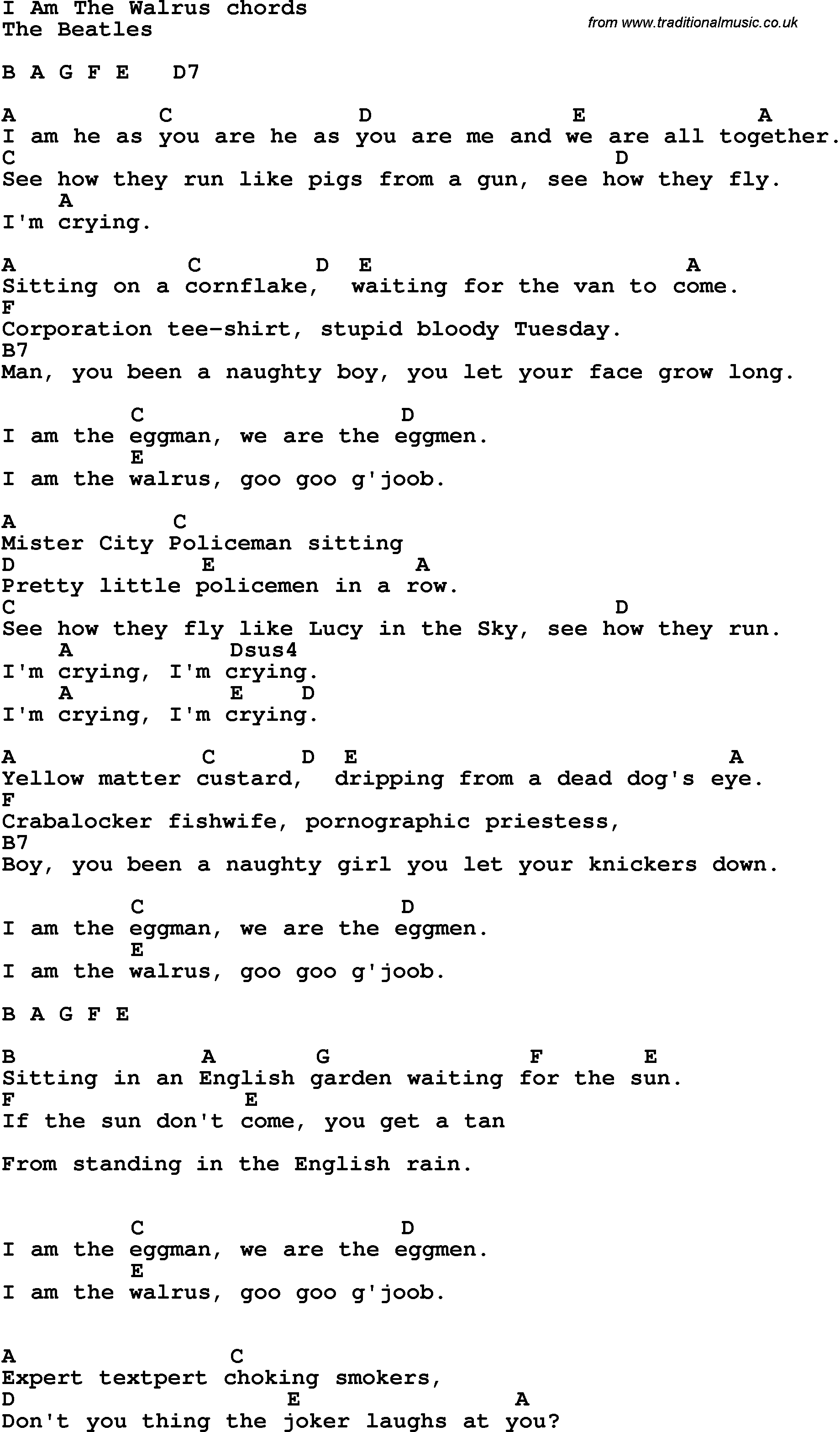 Song Lyrics with guitar chords for I Am The Walrus
