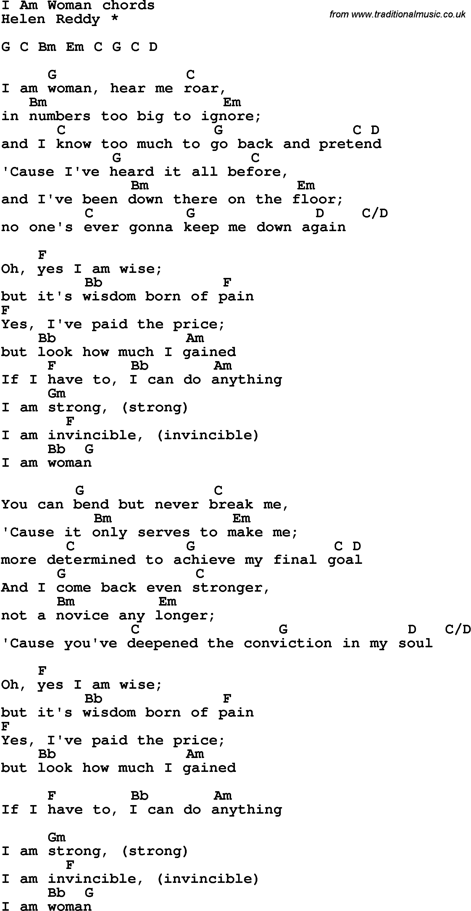 Song Lyrics with guitar chords for I Am Woman
