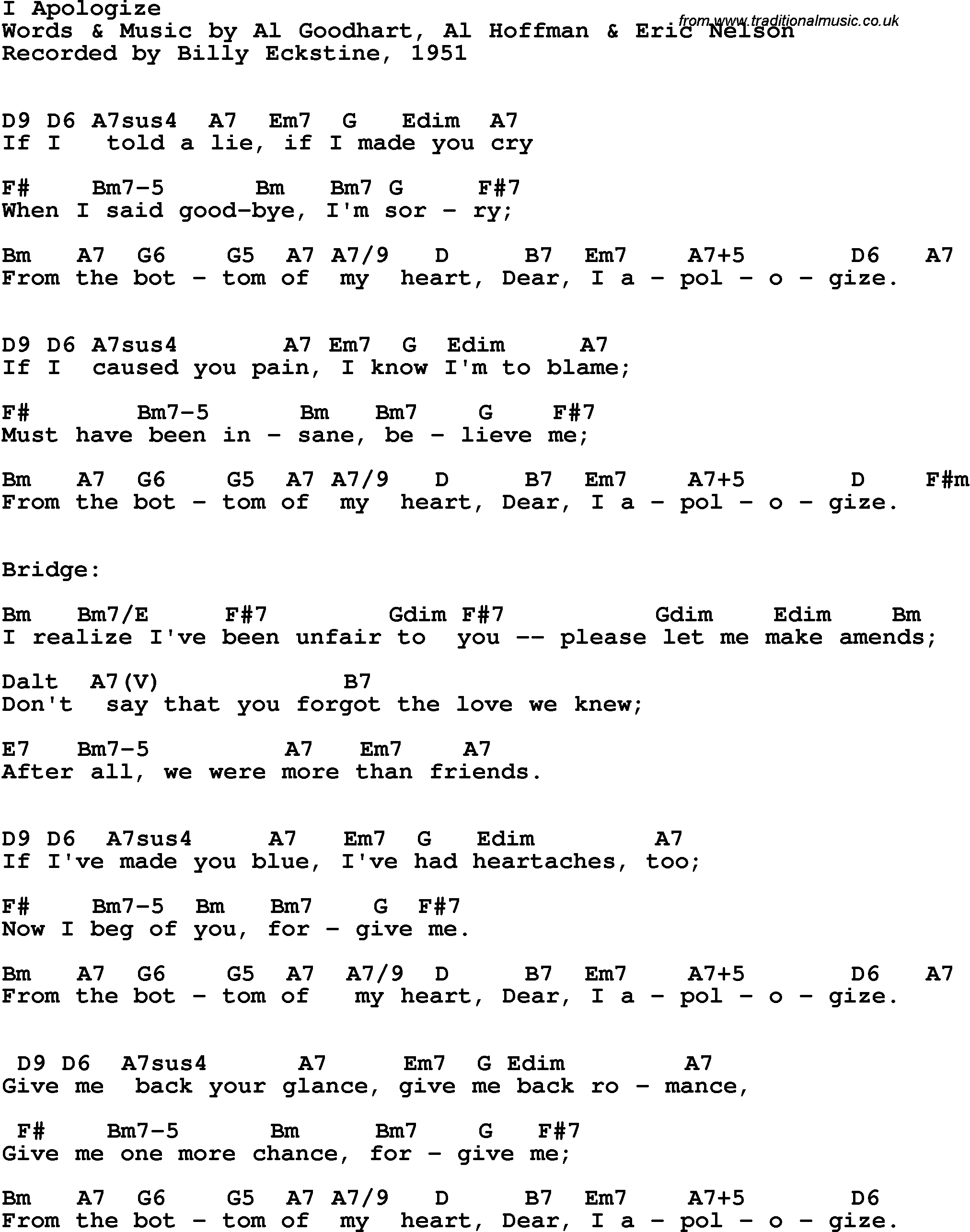 Song Lyrics with guitar chords for I Apologize - Billy Eckstine, 1951