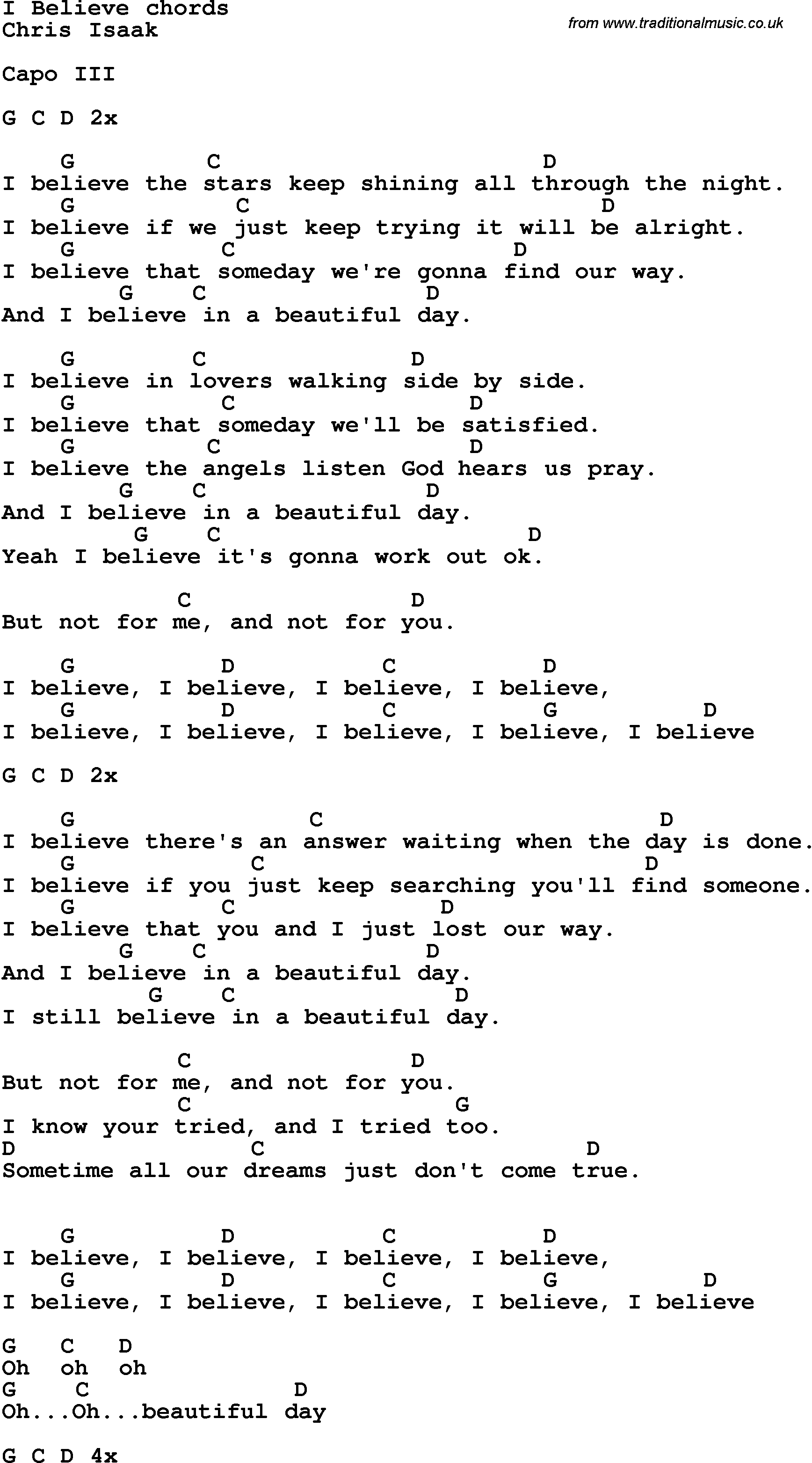 Song Lyrics with guitar chords for I Believe