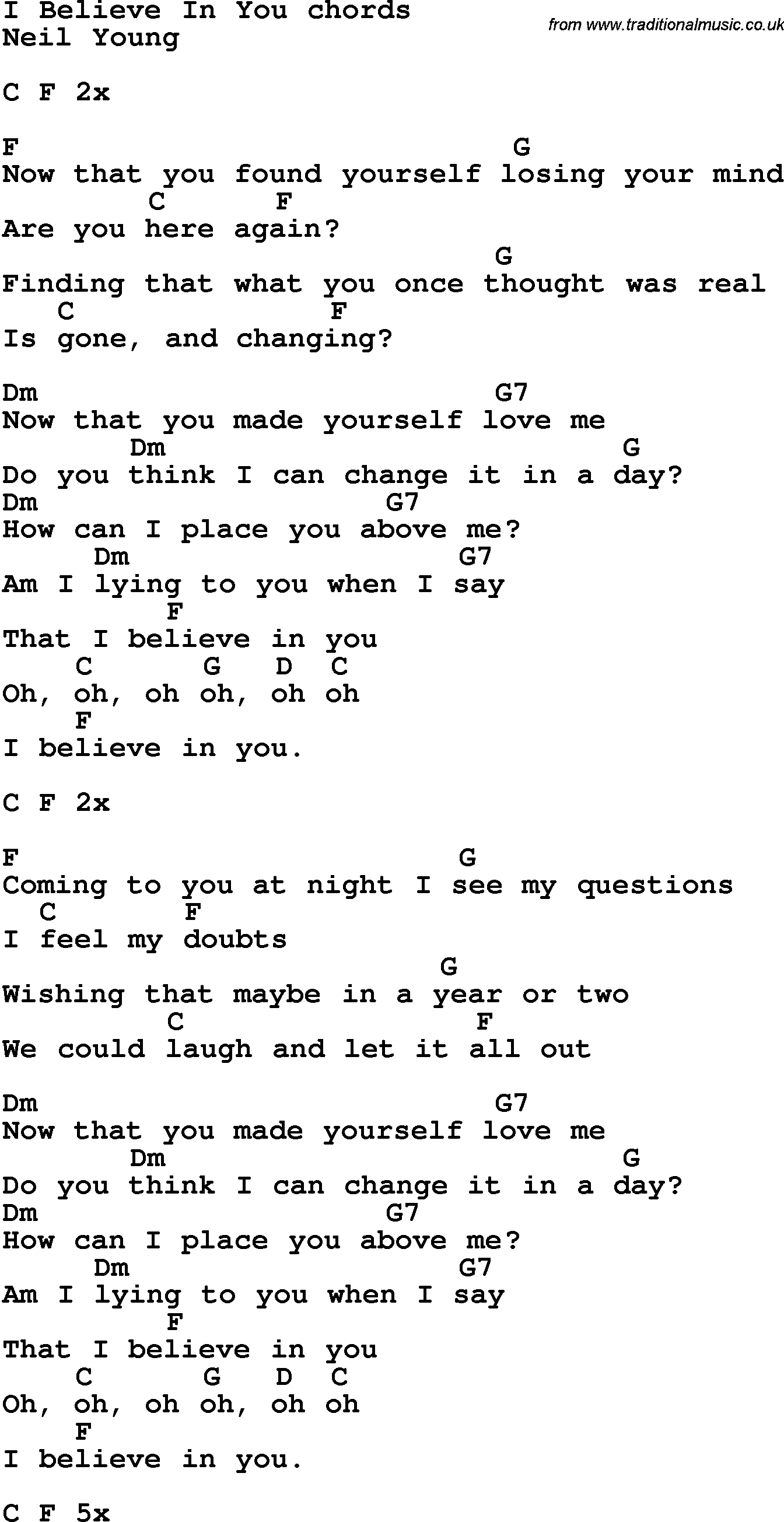 Song Lyrics with guitar chords for I Believe In You - Neil Young
