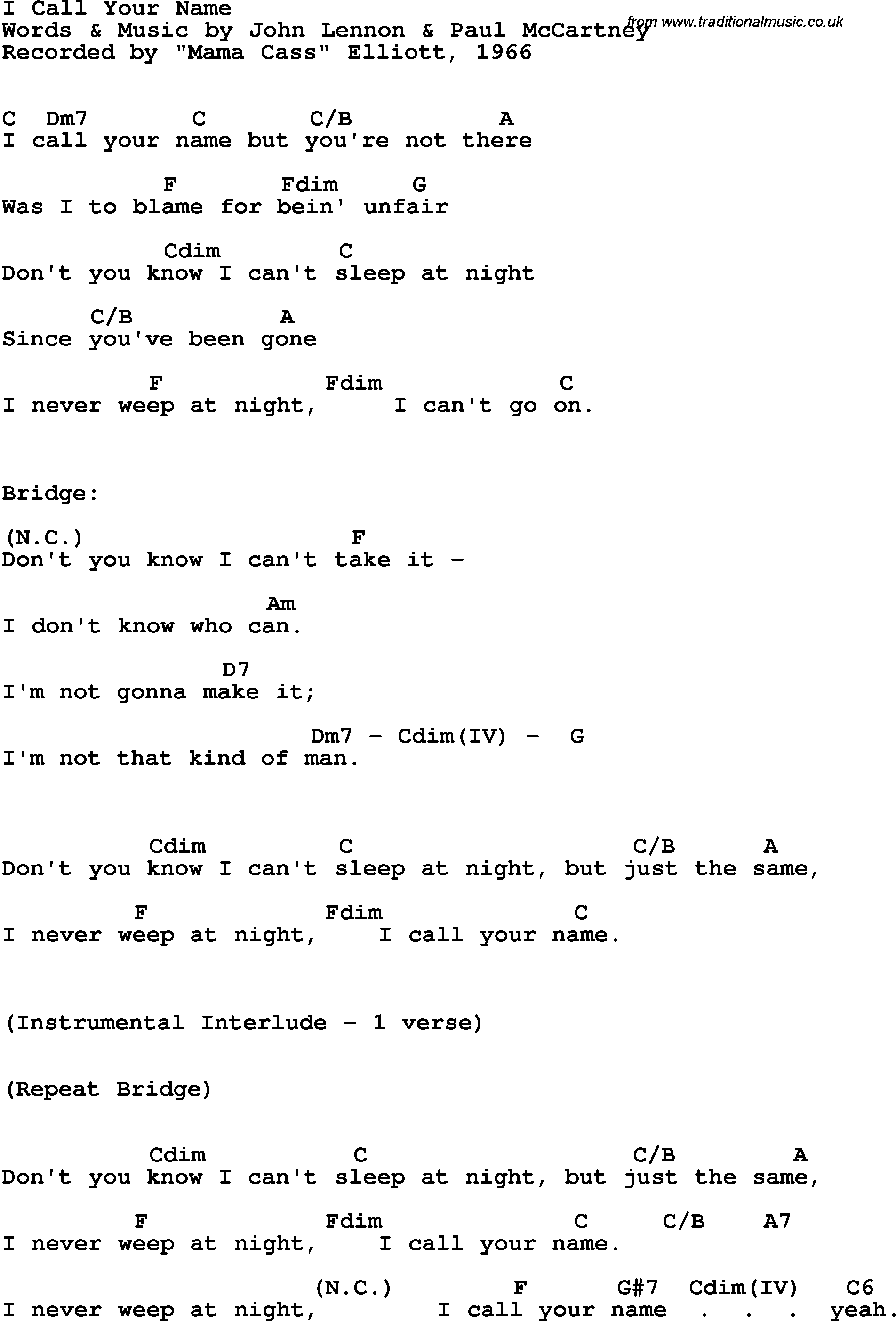 Song Lyrics with guitar chords for I Call Your Name - Mama Cass Elliott, 1966