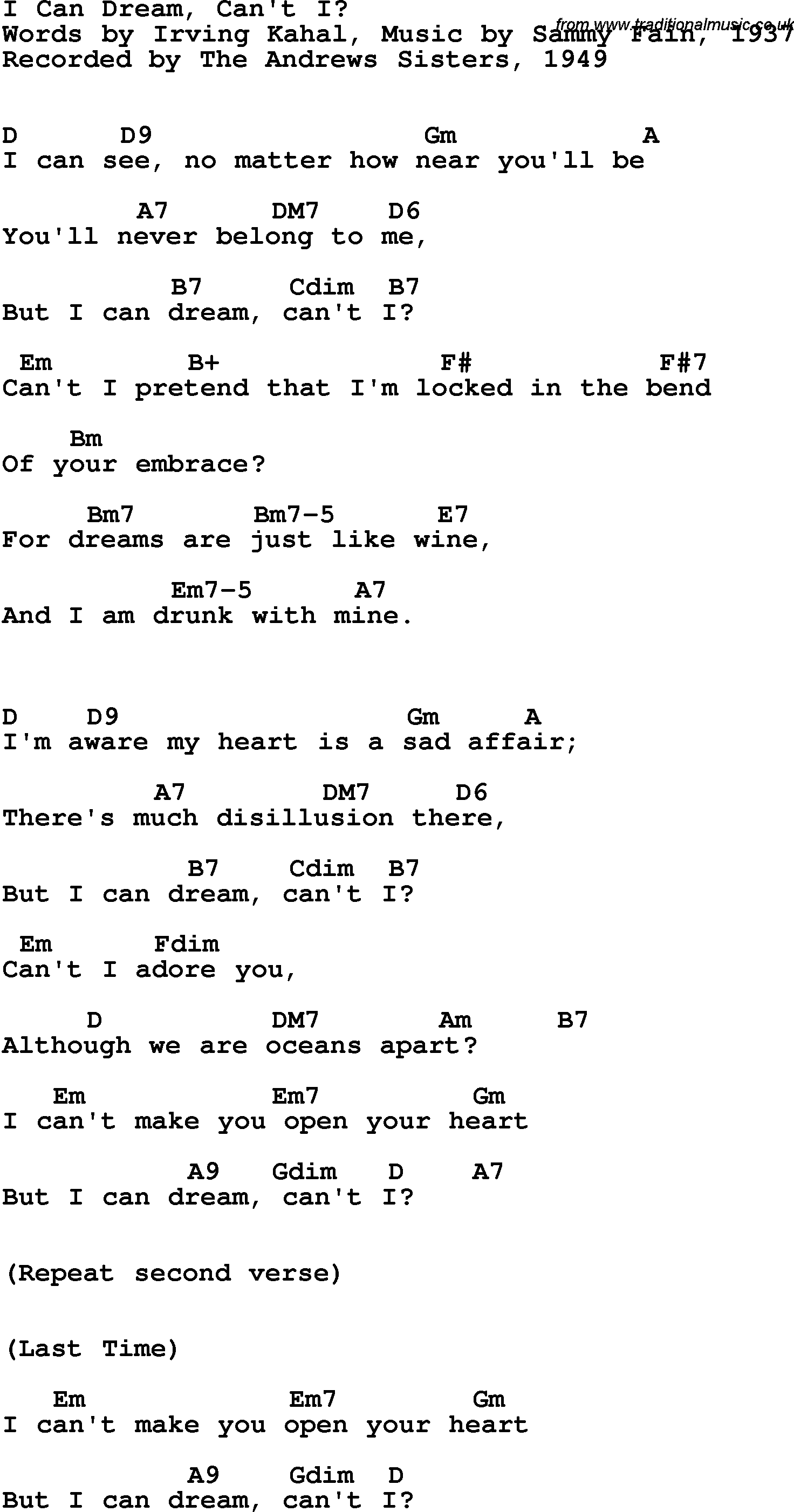 Song Lyrics with guitar chords for I Can Dream, Can't I - The Andrews Sisters, 1949
