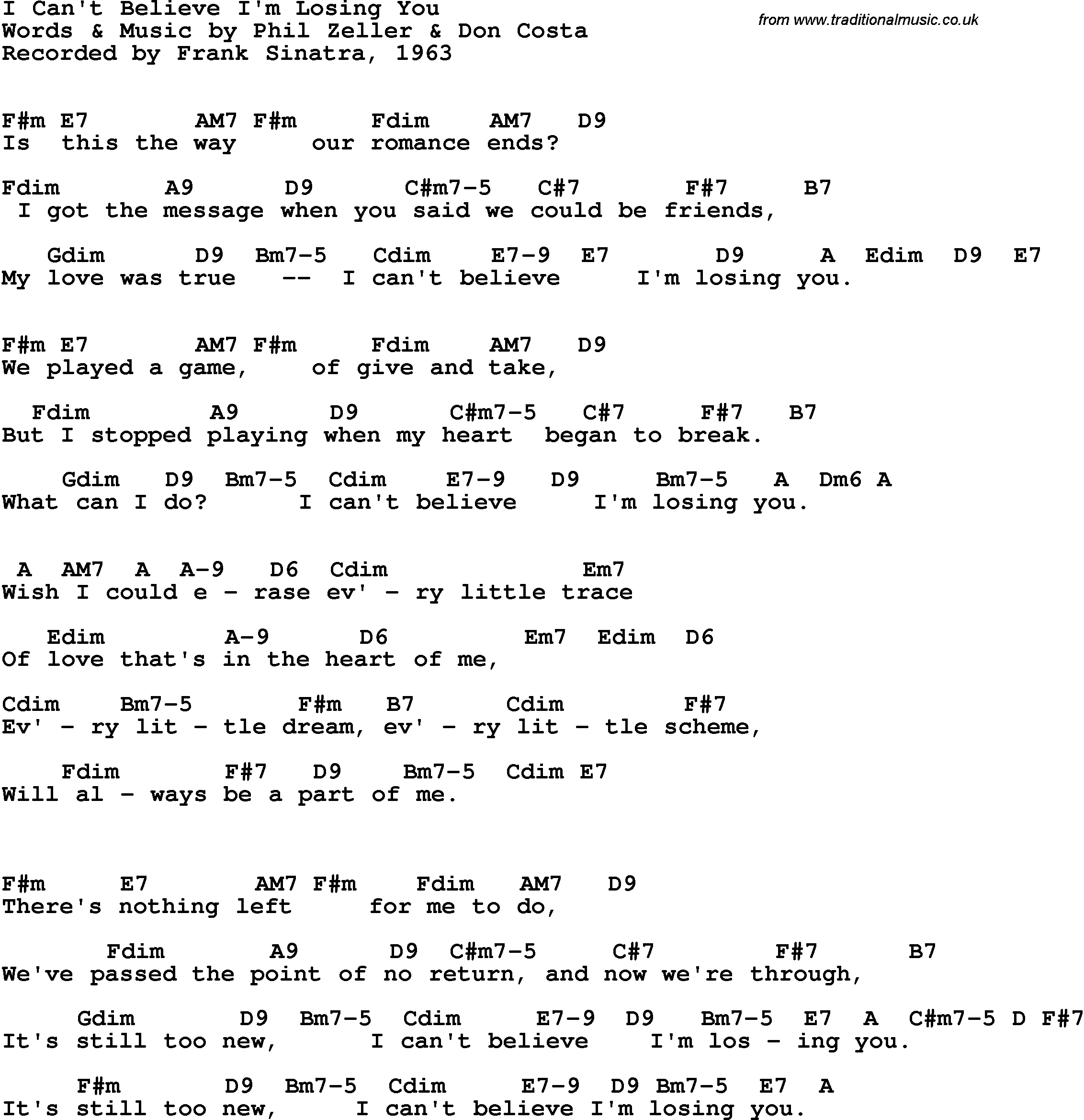 Song Lyrics with guitar chords for I Can't Believe I'm Losing You - Frank Sinatra, 1963