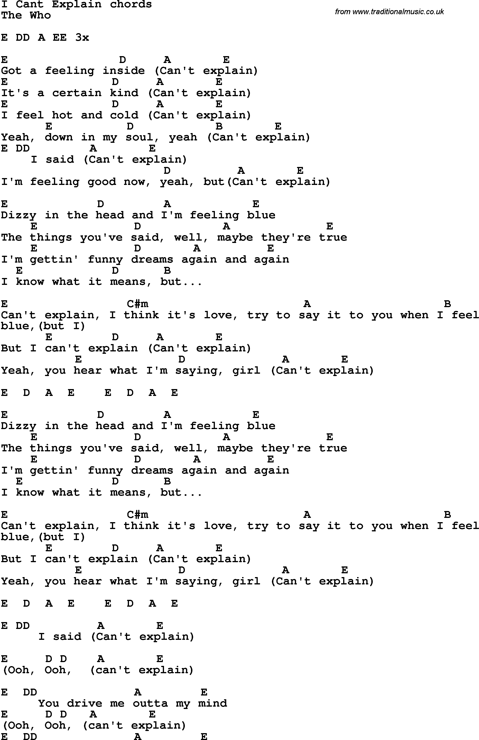 Song Lyrics with guitar chords for I Can't Explain