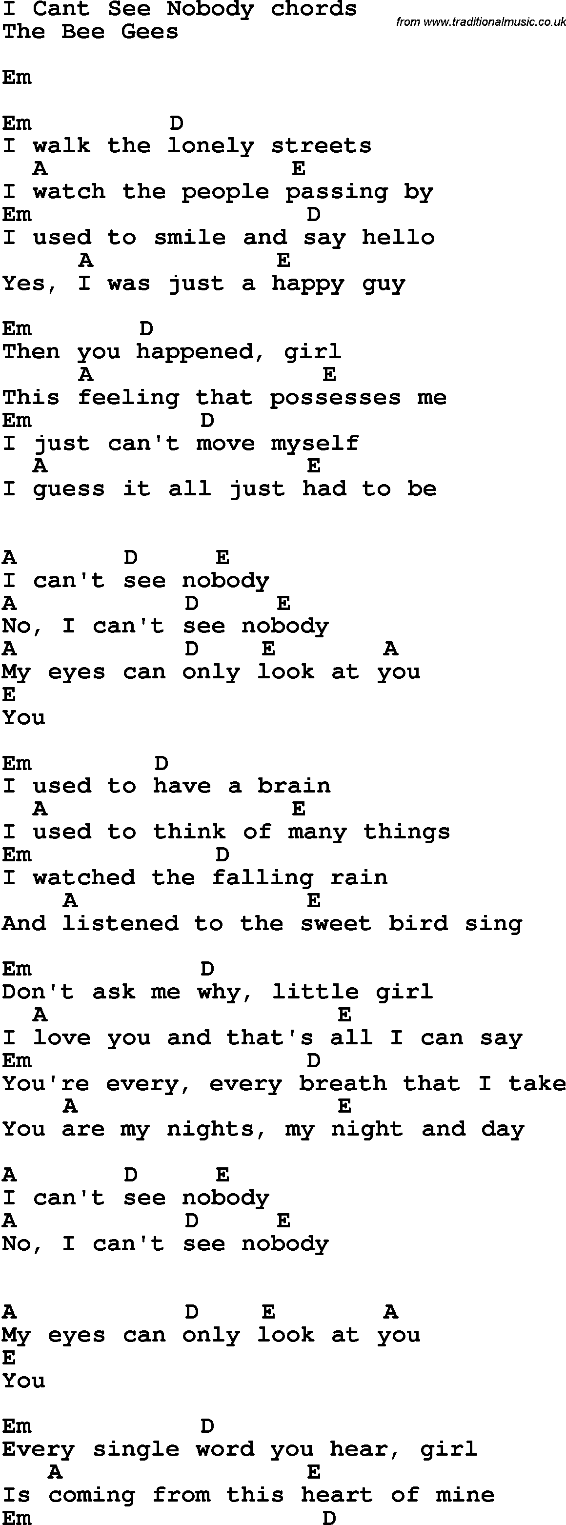 Song Lyrics with guitar chords for I Can't See Nobody