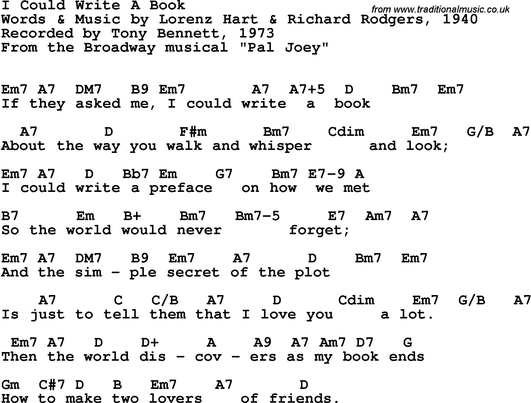Song Lyrics with guitar chords for I Could Write A Book - Tony Bennett, 1973