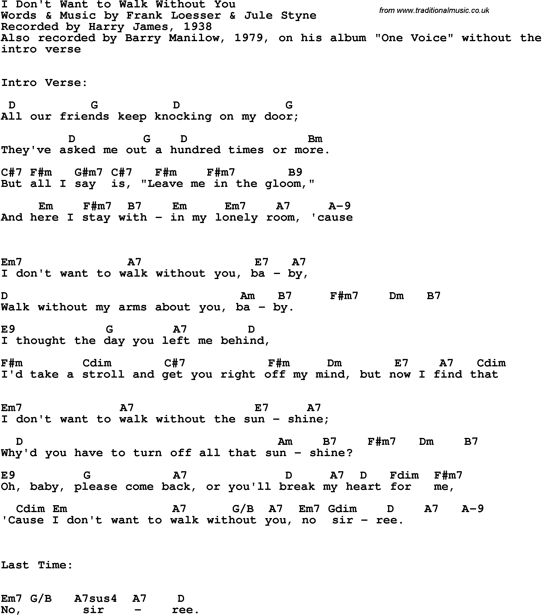 Song Lyrics with guitar chords for I Don't Want To Walk Without You - Harry James, 1938