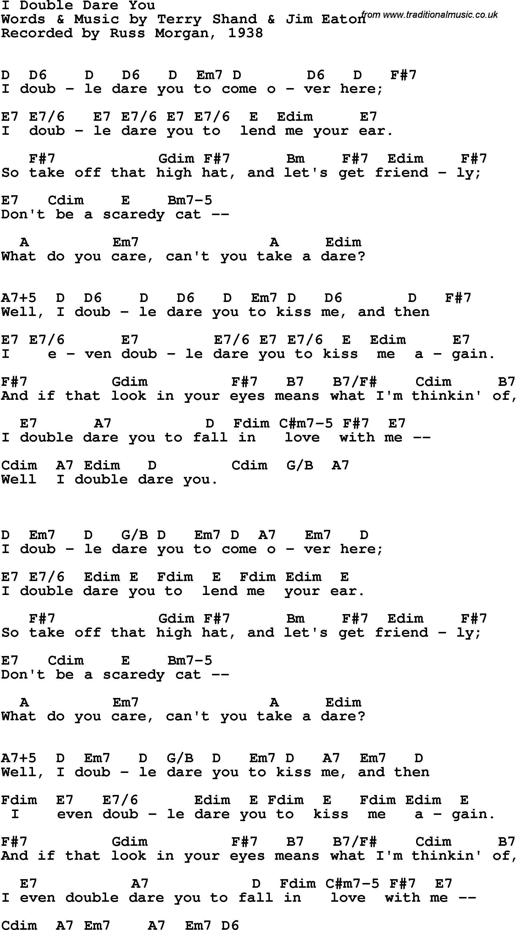 Song Lyrics with guitar chords for I Double Dare You - Russ Morgan, 1938
