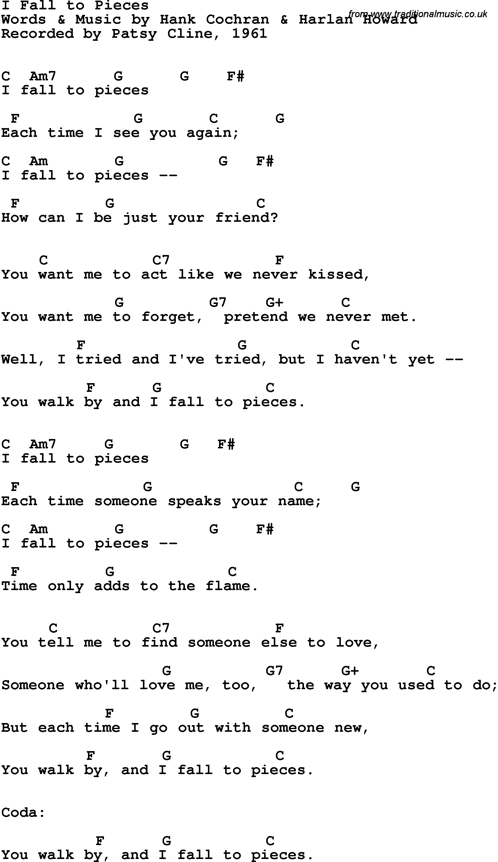 Song Lyrics with guitar chords for I Fall To Pieces - Patsy Cline, 1961