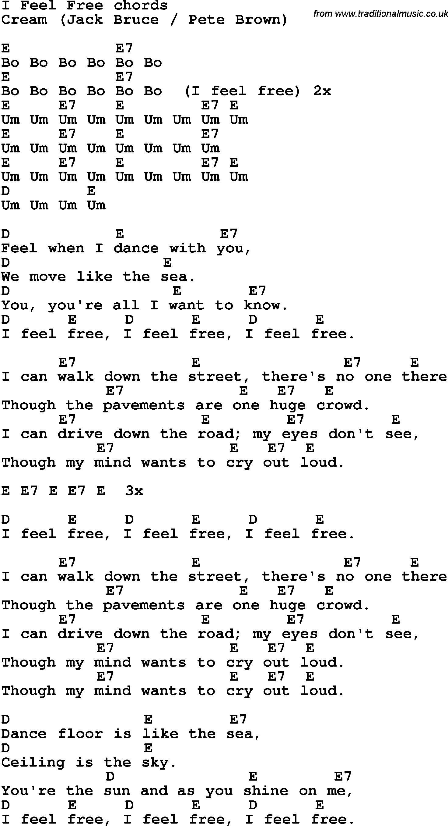 Song Lyrics with guitar chords for I Feel Free