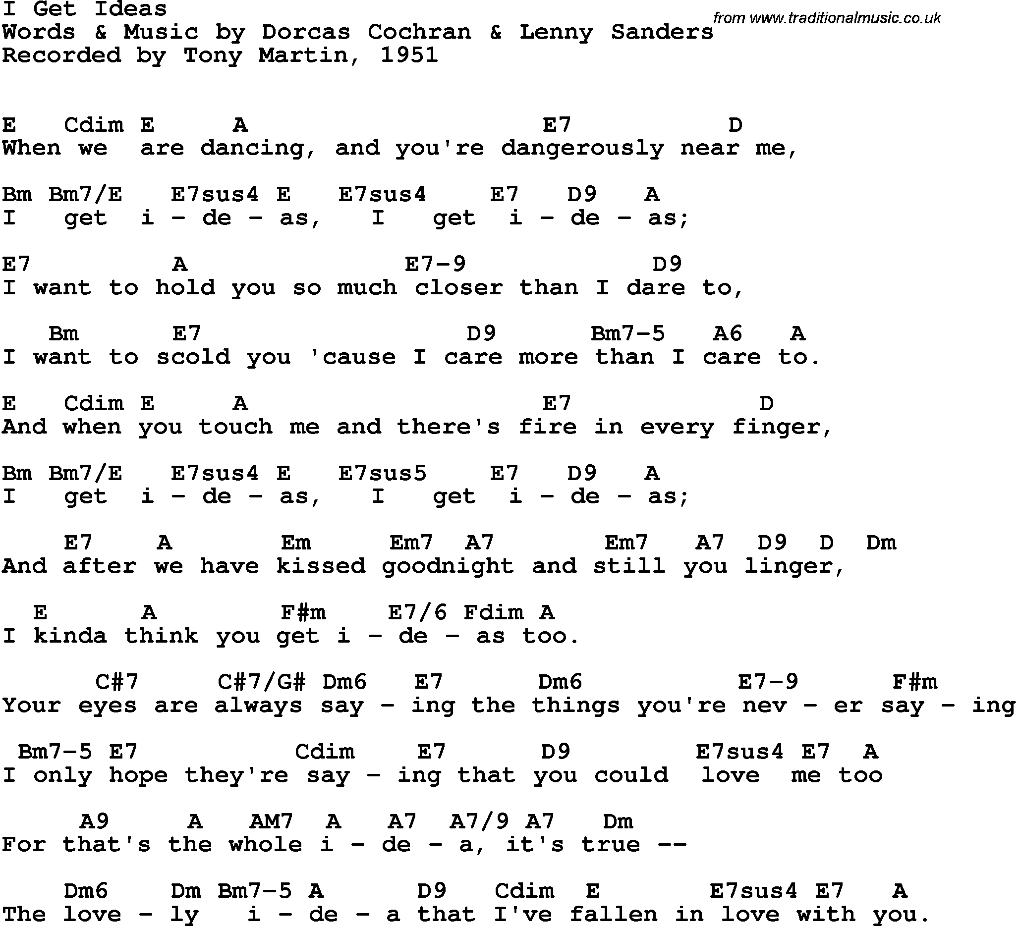Song Lyrics with guitar chords for I Get Ideas - Tony Martin, 1951