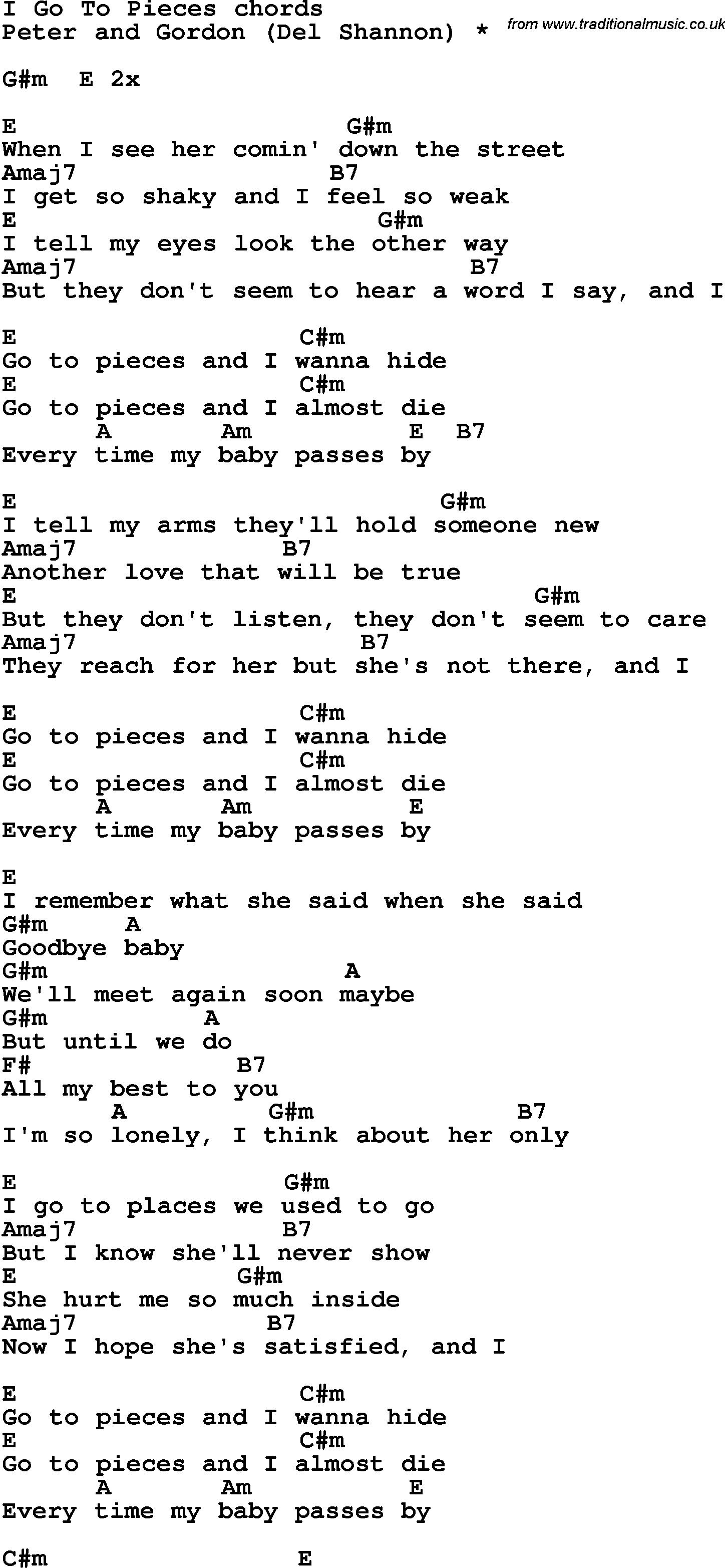 Song Lyrics with guitar chords for I Go To Piece