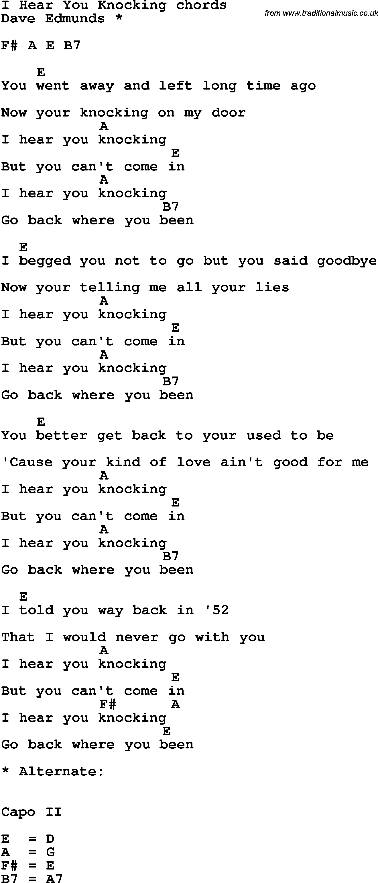 Song Lyrics with guitar chords for I Hear You Knockin