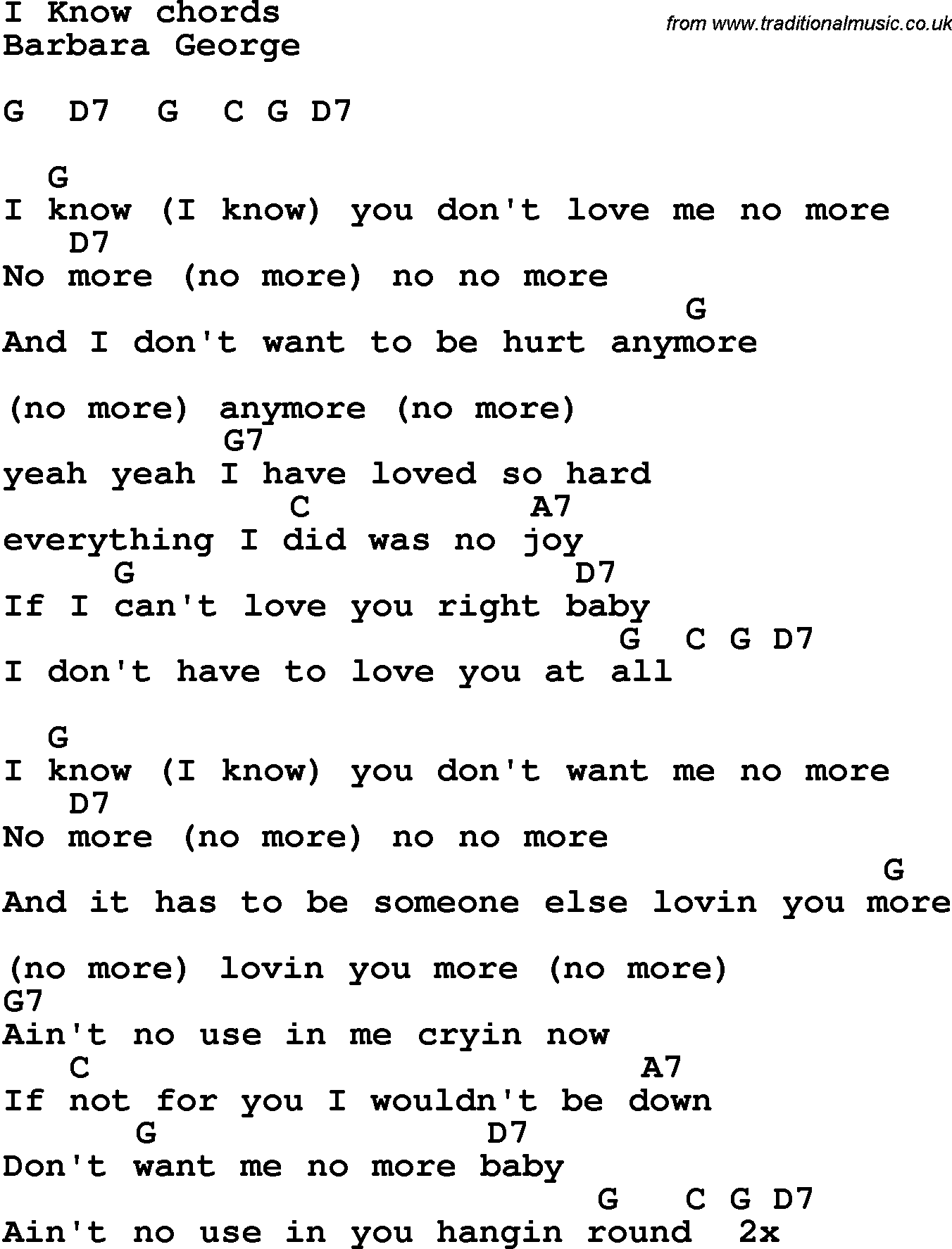 Song Lyrics with guitar chords for I Know