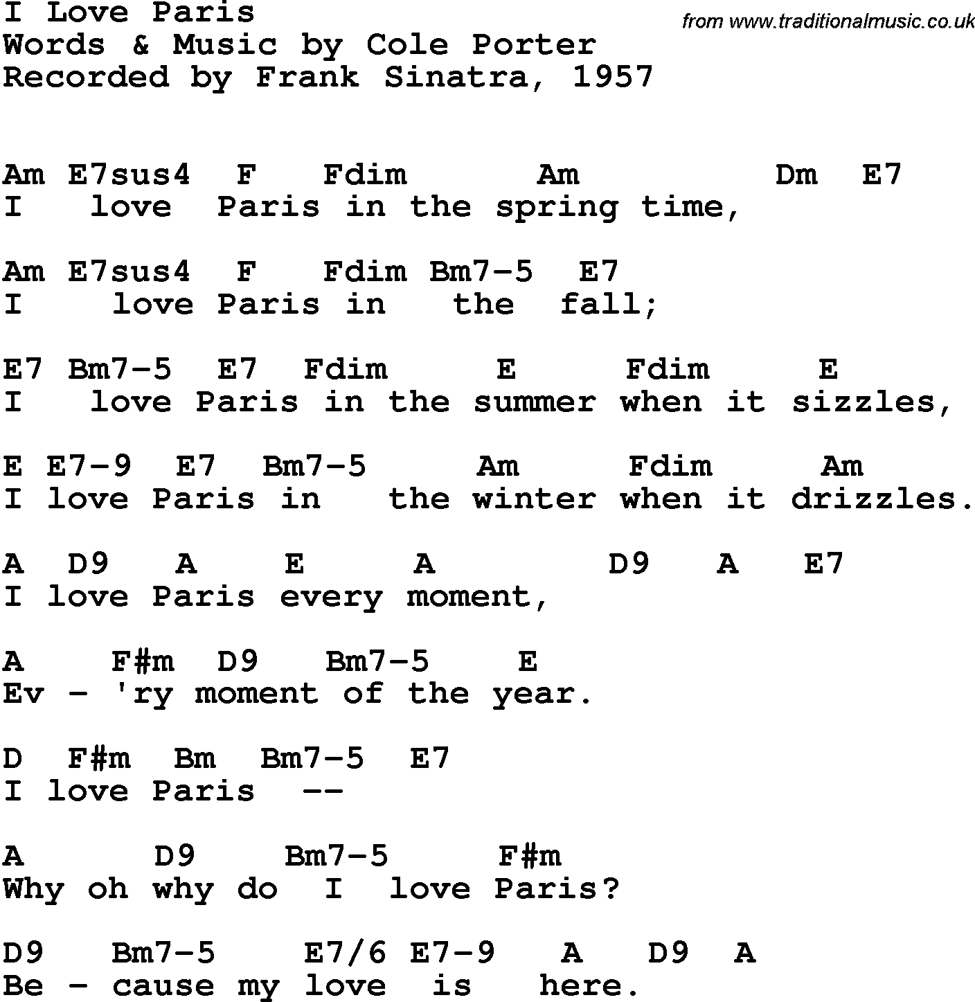 Song Lyrics with guitar chords for I Love Paris - Frank Sinatra, 1957